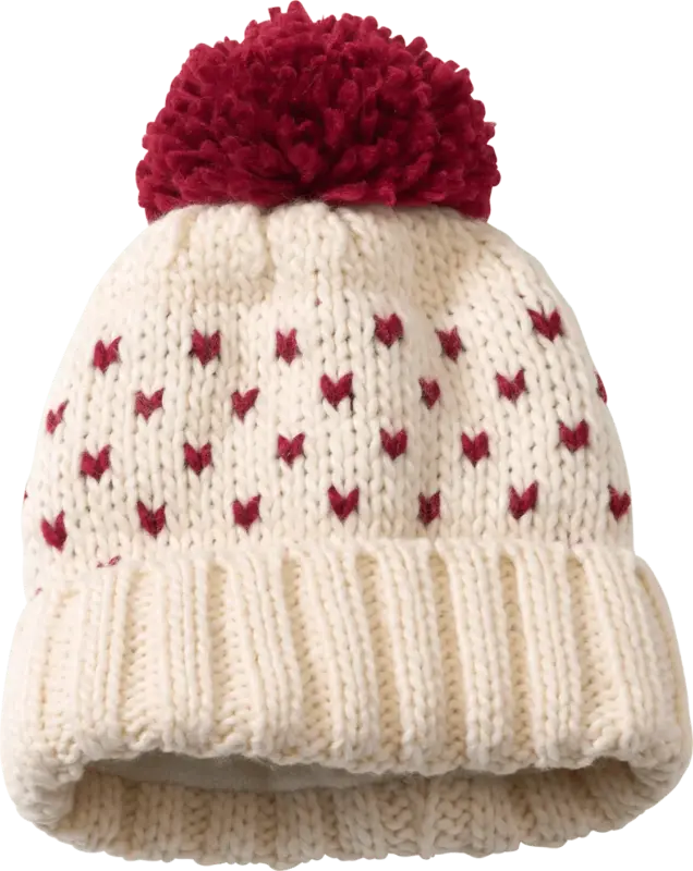 PUSBLU Mütze aus Strick mit Bommel, beige & rot, Gr. 52/53