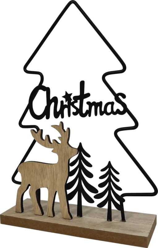 Dekorieren & Einrichten Metallaufsteller "Christmas", Baum mit Holzhirsch, schwarz-natur