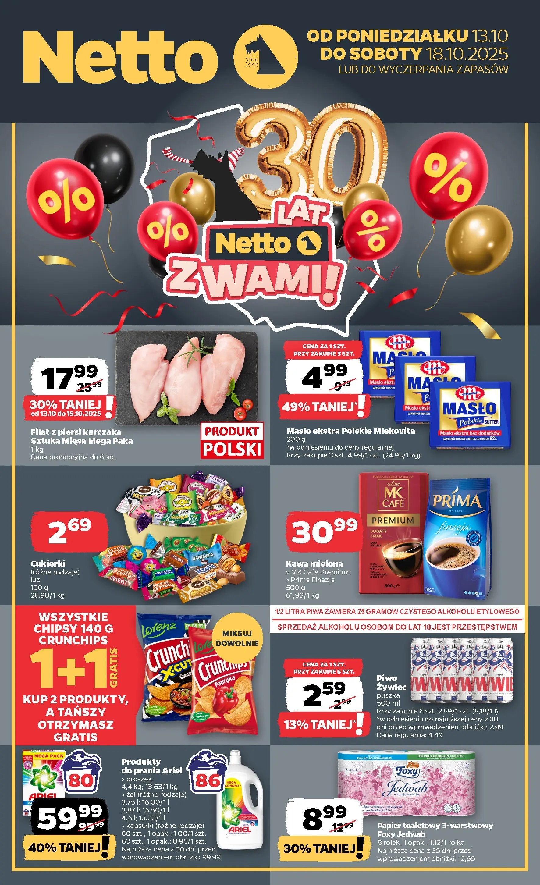 Netto gazetka - Spożywcza od 13.10.2025 - Aktualne promocje | Strona: 1 | Produkty: Chipsy, Kawa, Piwo, Filet z piersi kurczaka