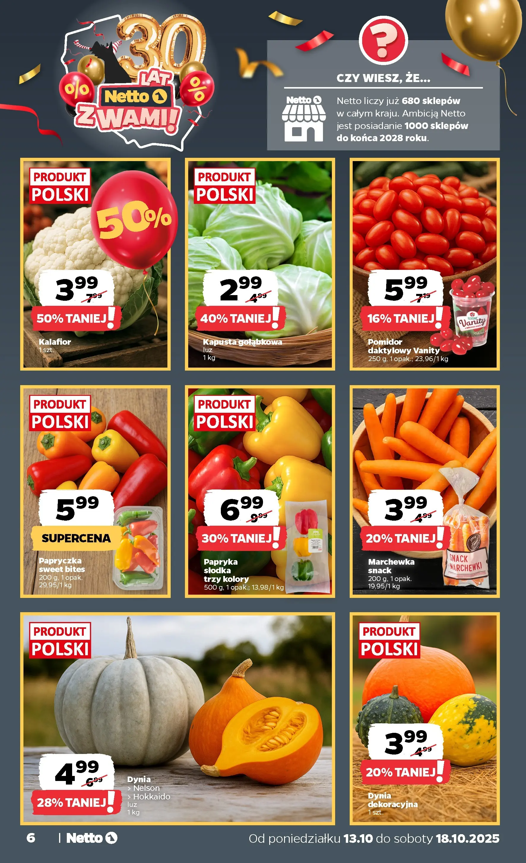 Netto gazetka - Spożywcza od 13.10.2025 - Aktualne promocje | Strona: 6 | Produkty: Kapusta, Kalafior, Papryka, Marchewka