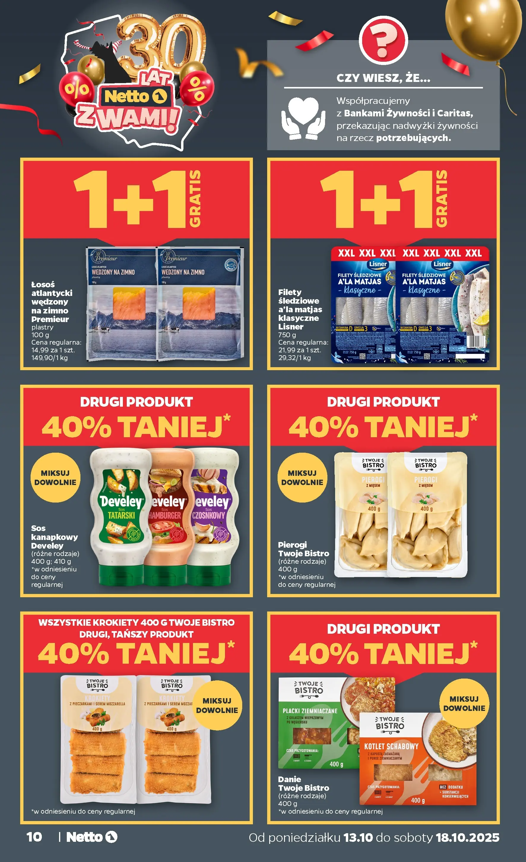 Netto gazetka - Spożywcza od 13.10.2025 - Aktualne promocje | Strona: 10 | Produkty: Hamburger, Pierogi z mięsem, Krokiety, Łosoś