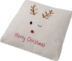 Dekorieren & Einrichten Kissen "Merry Christmas" Rentiergesicht, Teddystoff, creme (45x45 cm)