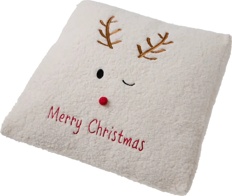 Dekorieren & Einrichten Kissen "Merry Christmas" Rentiergesicht, Teddystoff, creme (45x45 cm)