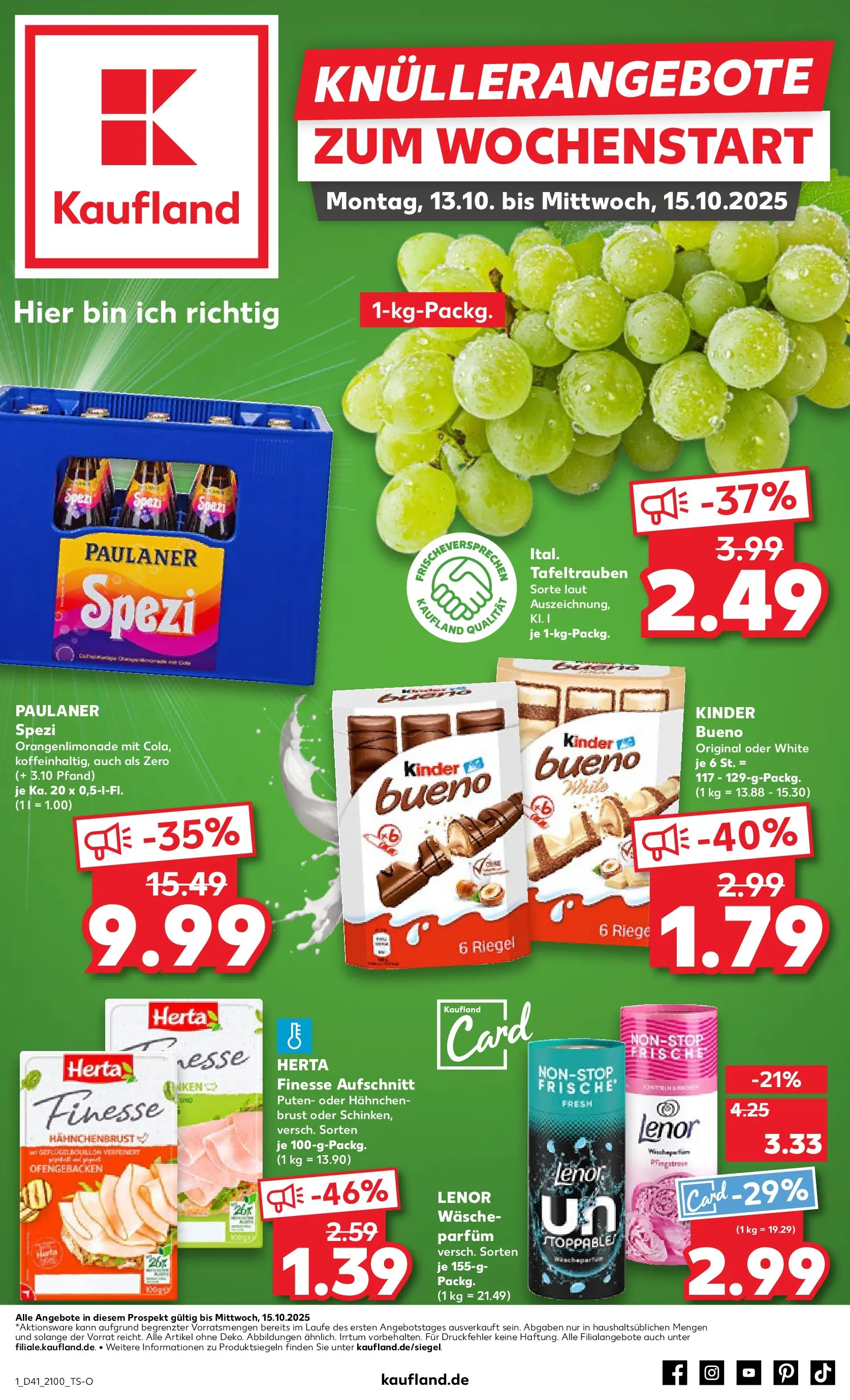 Prospekt Kaufland ab 13.10.2025 » Angebote Online zum Blättern | Seite: 1 | Produkte: Hahnchen, Parfüm, Kinder bueno, Herta finesse