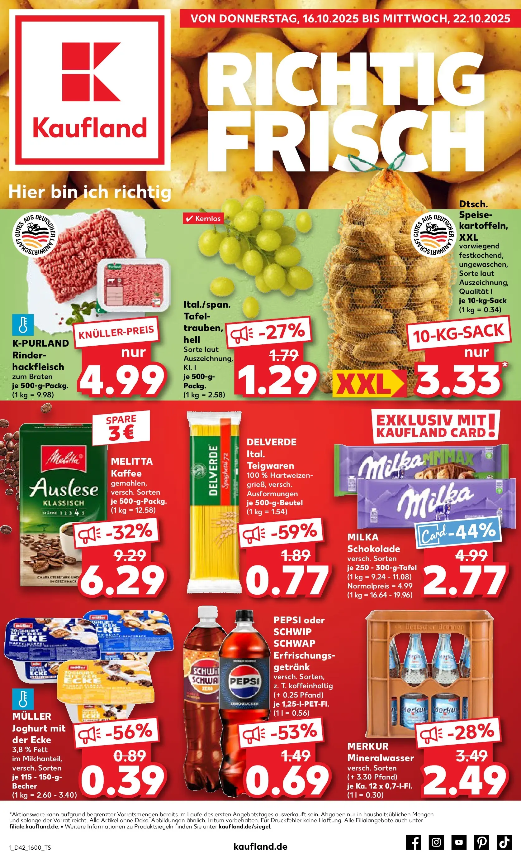 Prospekt Kaufland ab 15.10.2025 » Angebote und Werbung Online | Seite: 1 | Produkte: Milka schokolade, Mineralwasser, Pepsi, Pasta Prospekt Kaufland ab 15.10.2025 » Angebote Online zum Blättern | Seite: 1 | Produkte: Milka schokolade, Mineralwasser, Pepsi, Pasta