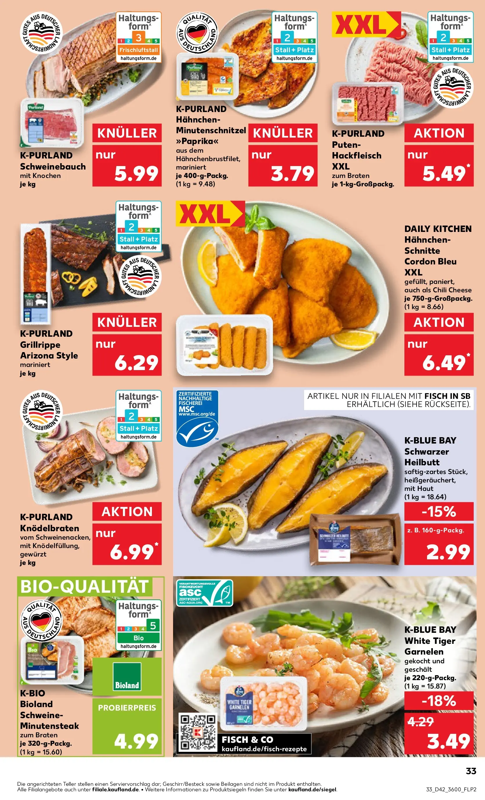 Prospekt Kaufland ab 15.10.2025 » Angebote und Werbung Online | Seite: 33 | Produkte: Hahnchen, Schweinebauch, Tiger garnelen, Steak Prospekt Kaufland ab 15.10.2025 » Angebote Online zum Blättern | Seite: 33 | Produkte: Hahnchen, Schweinebauch, Tiger garnelen, Steak