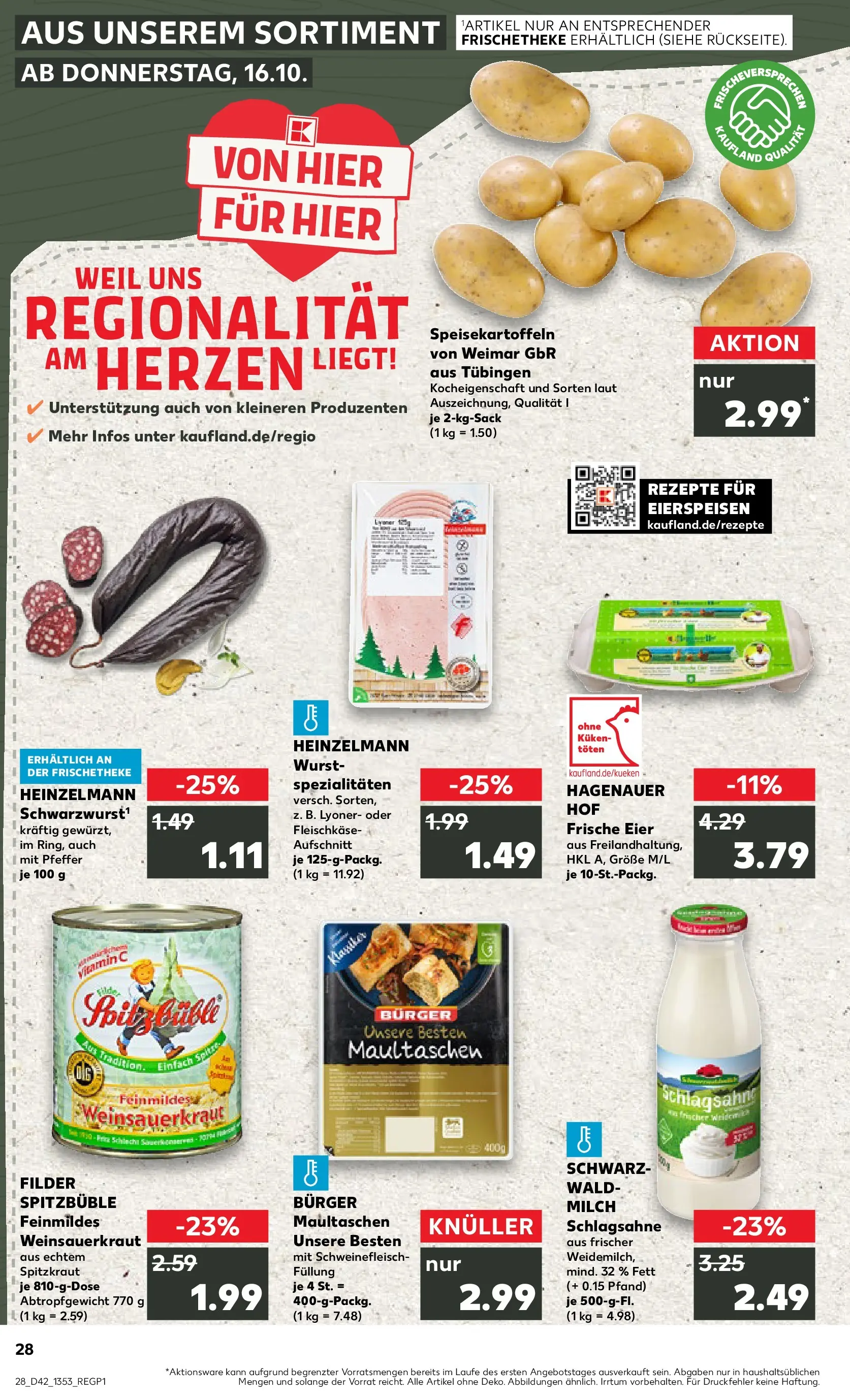 Prospekt Kaufland ab 15.10.2025 » Angebote und Werbung Online | Seite: 28 | Produkte: Schlagsahne, Eier, Schweinefleisch, Maultaschen Prospekt Kaufland ab 15.10.2025 » Angebote Online zum Blättern | Seite: 28 | Produkte: Schlagsahne, Eier, Schweinefleisch, Maultaschen