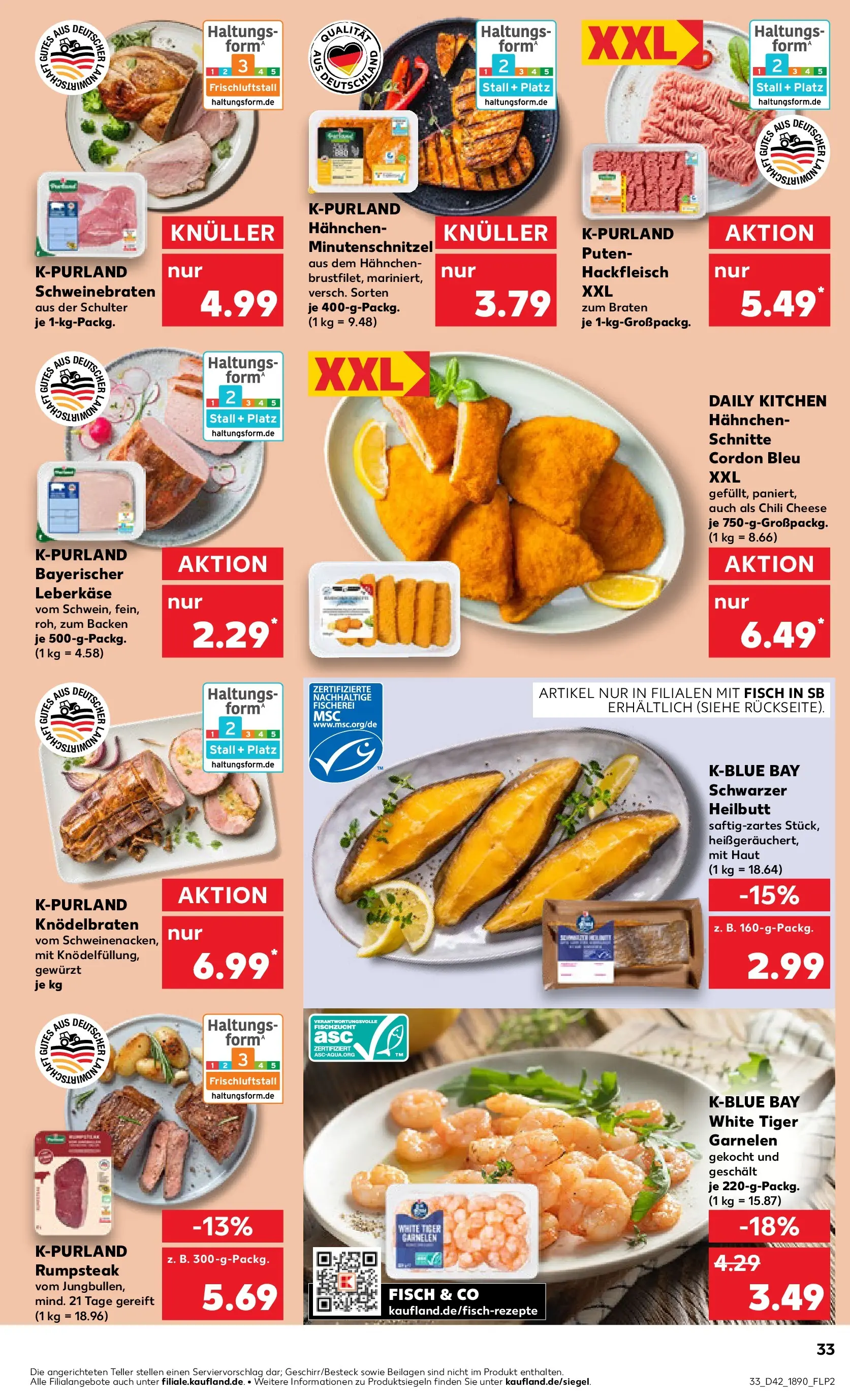 Prospekt Kaufland ab 15.10.2025 » Angebote und Werbung Online | Seite: 33 | Produkte: Rumpsteak, Fisch, Hackfleisch, Leberkase Prospekt Kaufland ab 15.10.2025 » Angebote Online zum Blättern | Seite: 33 | Produkte: Rumpsteak, Fisch, Hackfleisch, Leberkase