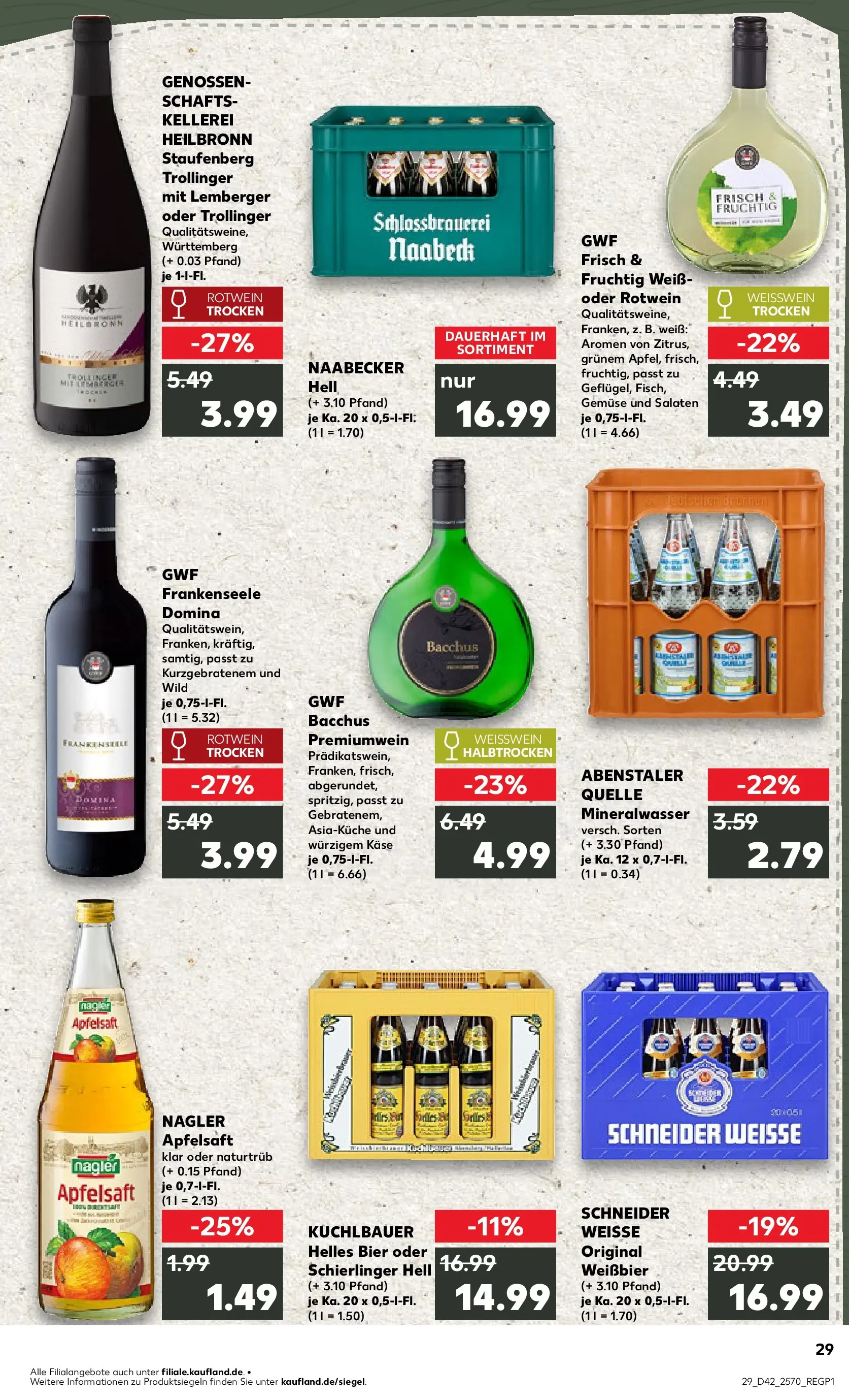 Prospekt Kaufland ab 15.10.2025 » Angebote und Werbung Online | Seite: 29 | Produkte: Bier, Rotwein, Weißwein trocken, Mineralwasser Prospekt Kaufland ab 15.10.2025 » Angebote Online zum Blättern | Seite: 29 | Produkte: Bier, Rotwein, Weißwein trocken, Mineralwasser