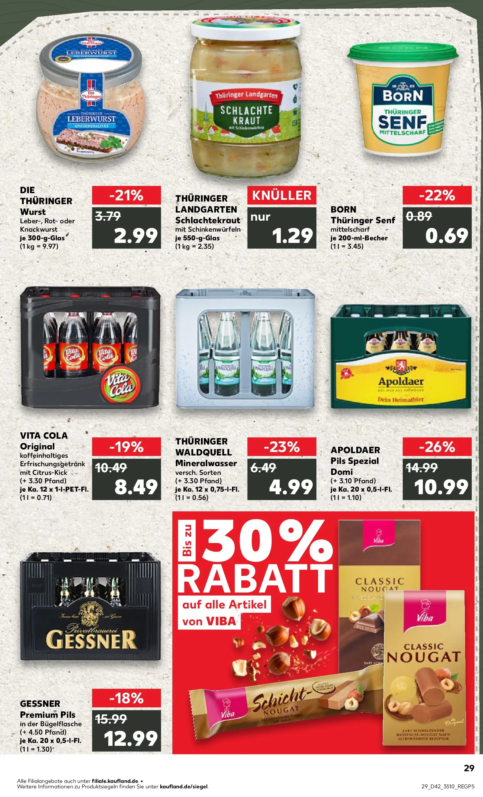 Prospekt Kaufland ab 15.10.2025 » Angebote und Werbung Online | Seite: 29 | Produkte: Mineralwasser, Wurst, Vita cola, Kraut Prospekt Kaufland ab 15.10.2025 » Angebote Online zum Blättern | Seite: 29 | Produkte: Mineralwasser, Wurst, Vita cola, Kraut