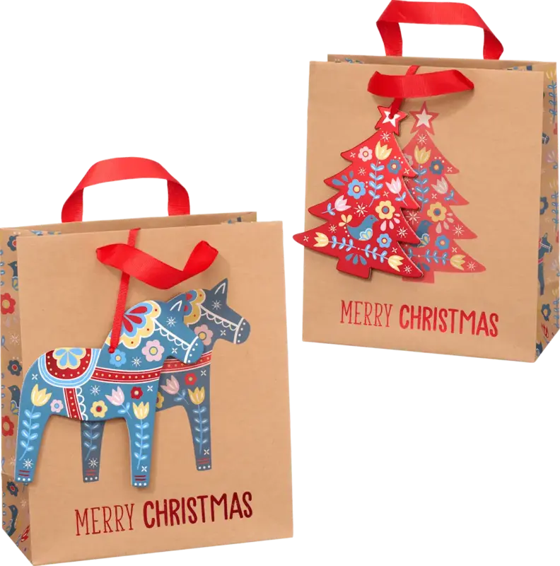 Profissimo Geschenktasche "MERRY CHRISTMAS" Schaukelpferd/Weihnachtsbaum NK veredelt, midi, hoch