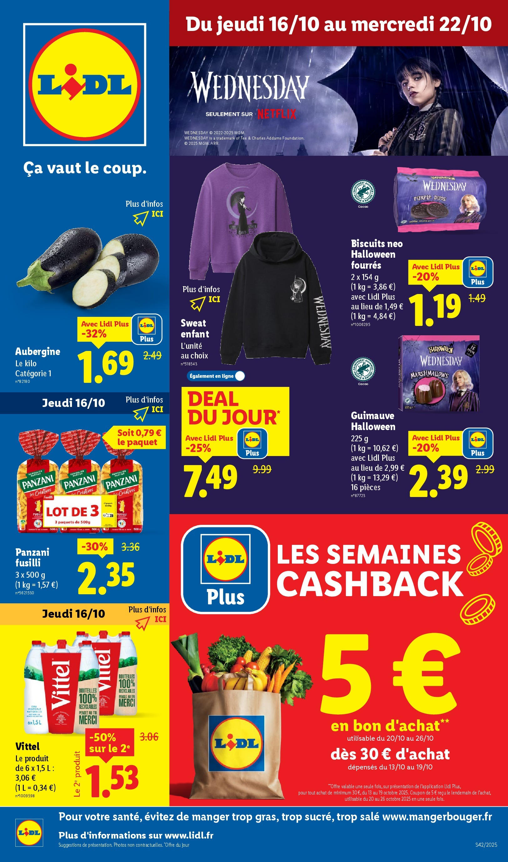 Catalogue LIDL du 16/10/2025 | Promo prospectus en ligne | Page: 1 | Produits: Fusilli, Aubergine, Cookies, Biscuits