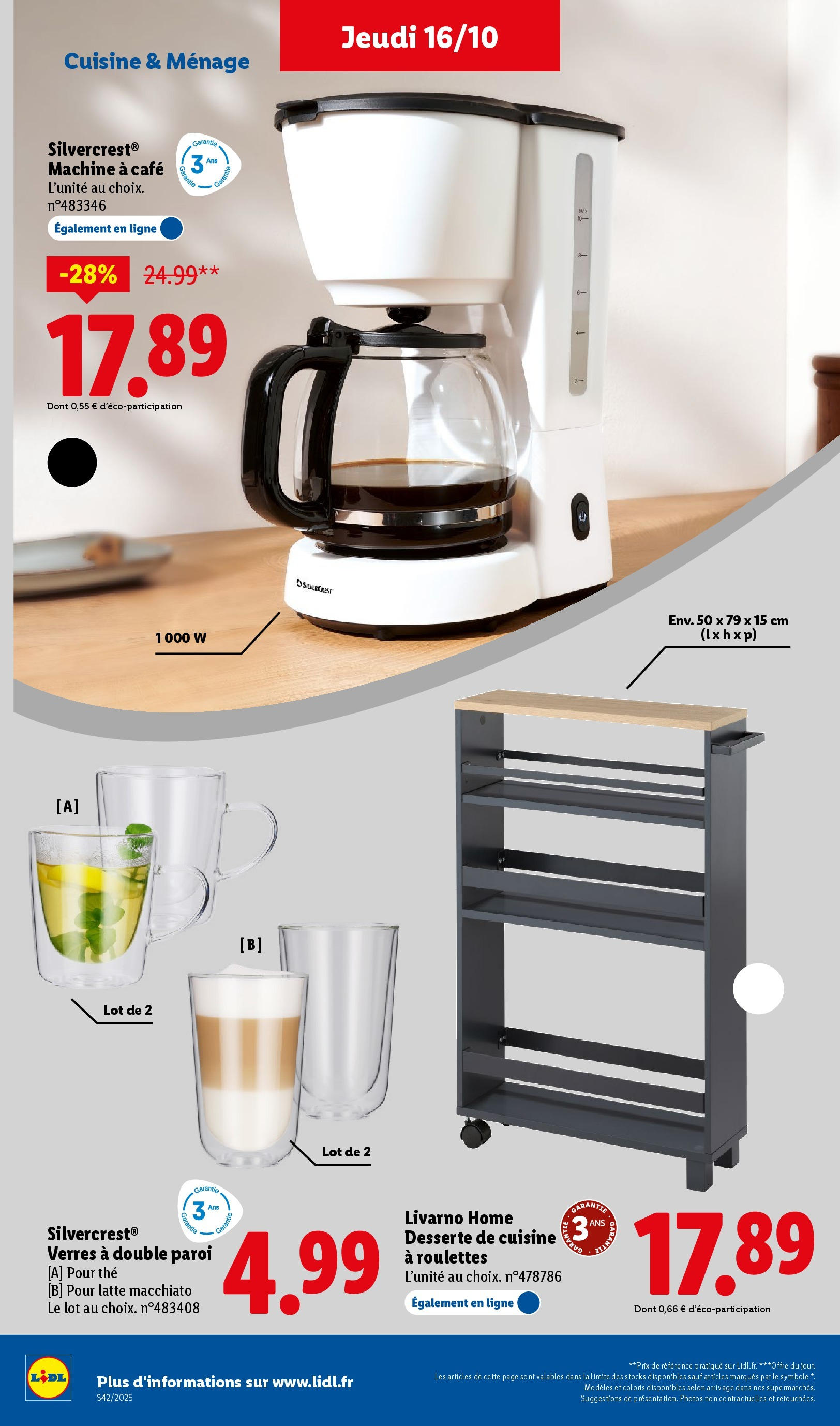 Catalogue LIDL du 16/10/2025 | Promo prospectus en ligne | Page: 46 | Produits: Machine à café, Desserte de cuisine, Café, Thé