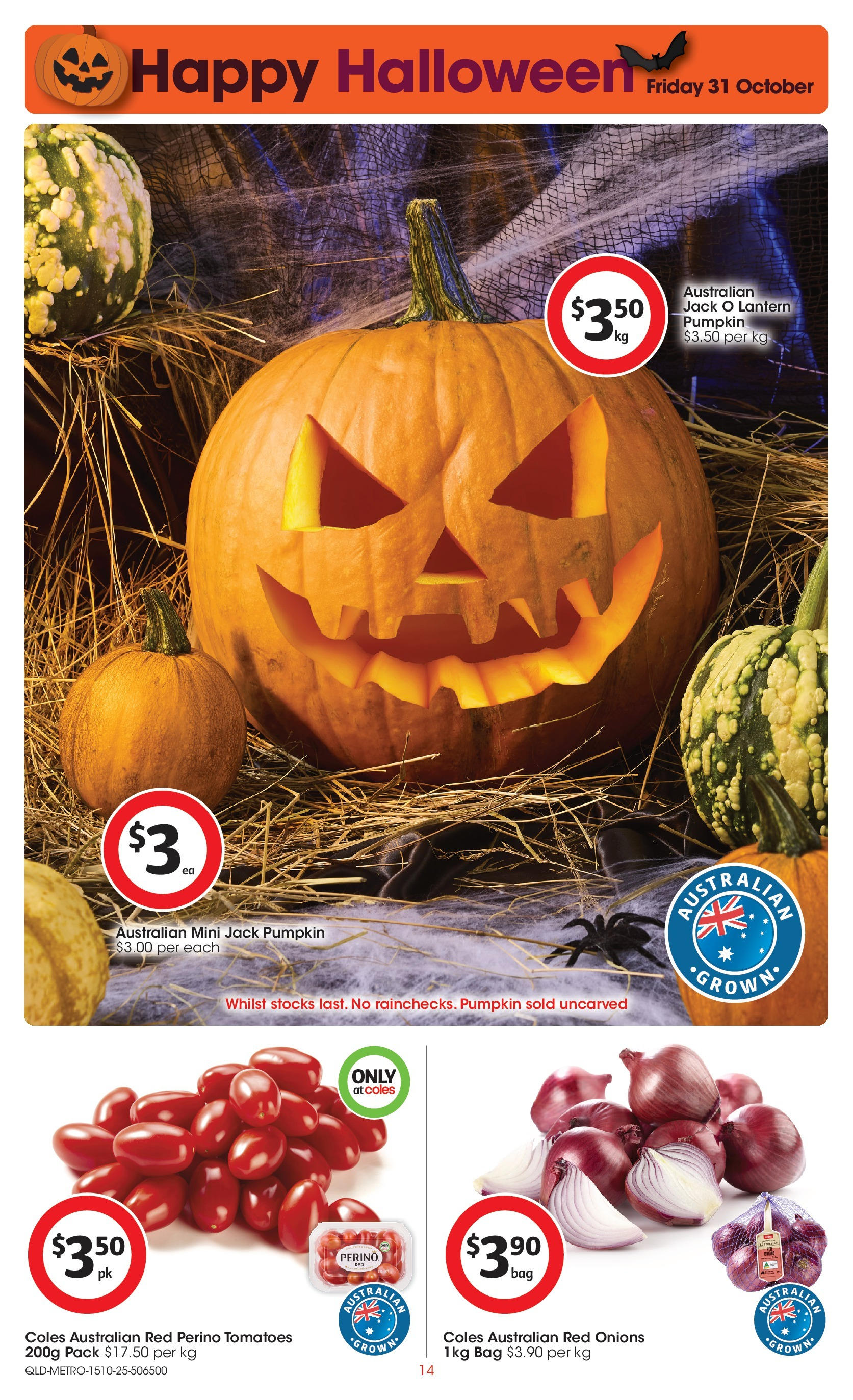 ﻿﻿Coles catalogue valid from 15/10/2025 > Online Australia | Page: 14 | Products: Tomatoes, Onions, Pumpkin, Bag