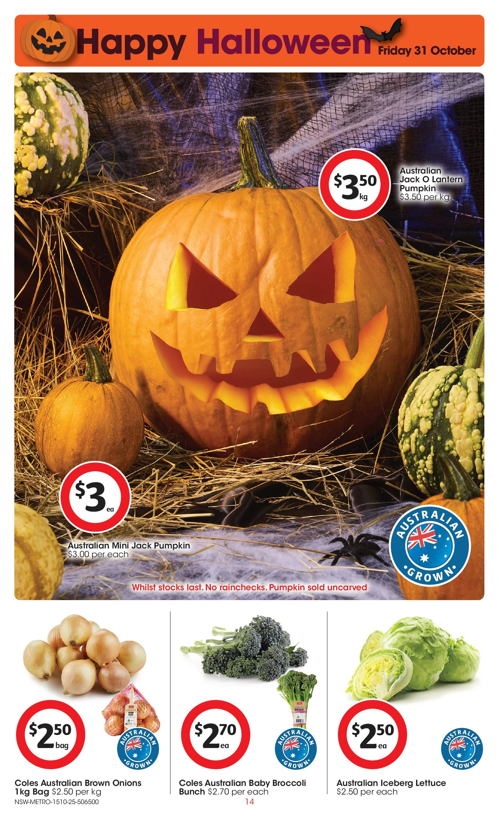 ﻿﻿Coles catalogue valid from 15/10/2025 > Online Australia | Page: 14 | Products: Lettuce, Onions, Pumpkin, Bag