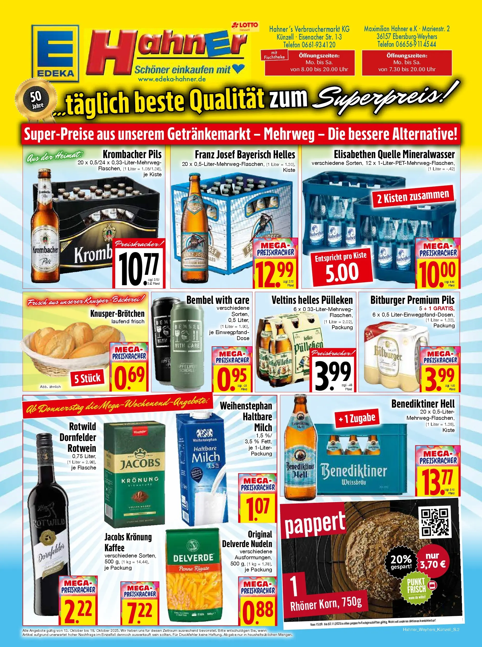 Entdecke - Edeka Hahner: Wochenangebote (ab 11.10.2025) zum Blättern | Seite: 2 | Produkte: Bitburger, Kaffee, Mineralwasser, Nudeln