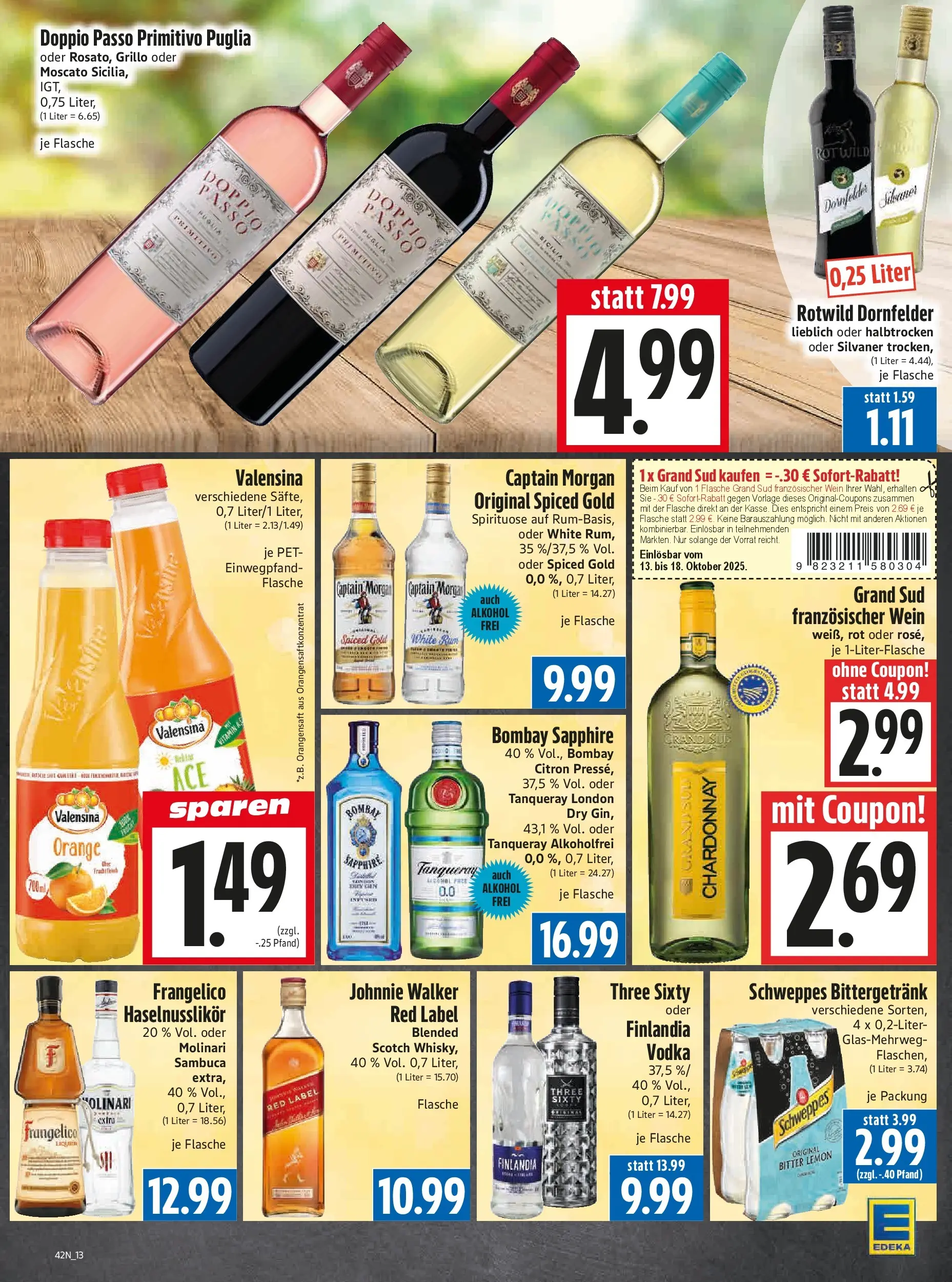 Entdecke - Edeka Hahner: Wochenangebote (ab 11.10.2025) zum Blättern | Seite: 15 | Produkte: Sambuca, Schweppes, Doppio Passo, Wein