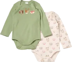 ALANA Bodys Langarm mit Waldtier-Muster, grün + beige, Gr. 74/80