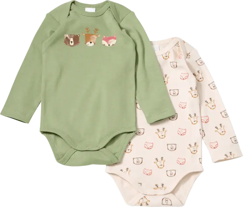 ALANA Bodys Langarm mit Waldtier-Muster, grün + beige, Gr. 74/80