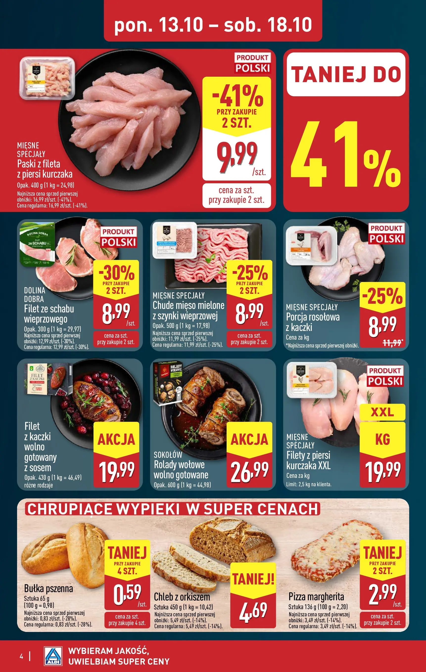 Aldi Gazetka od 13.10.2025 - Ulotka PDF, promocje | Strona: 4 | Produkty: Filet z kaczki, Chleb, Pizza, Bułka pszenna
