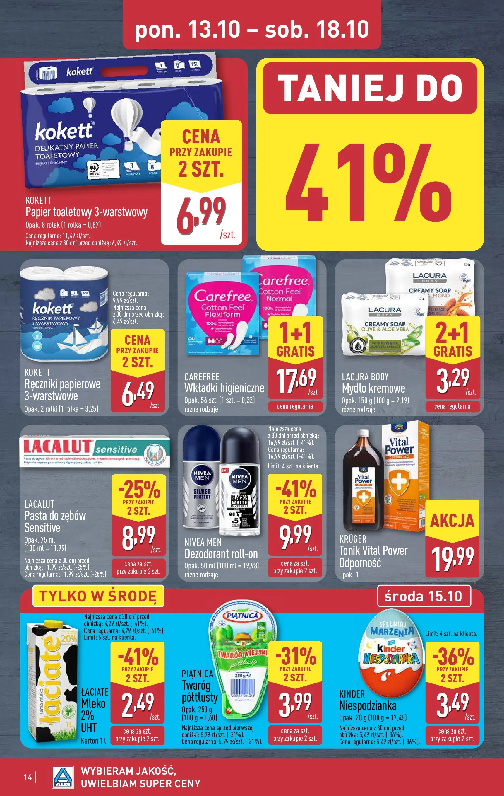 Aldi Gazetka od 13.10.2025 - Ulotka PDF, promocje | Strona: 14 | Produkty: Papier toaletowy, Dezodorant, Lacalut, Twaróg