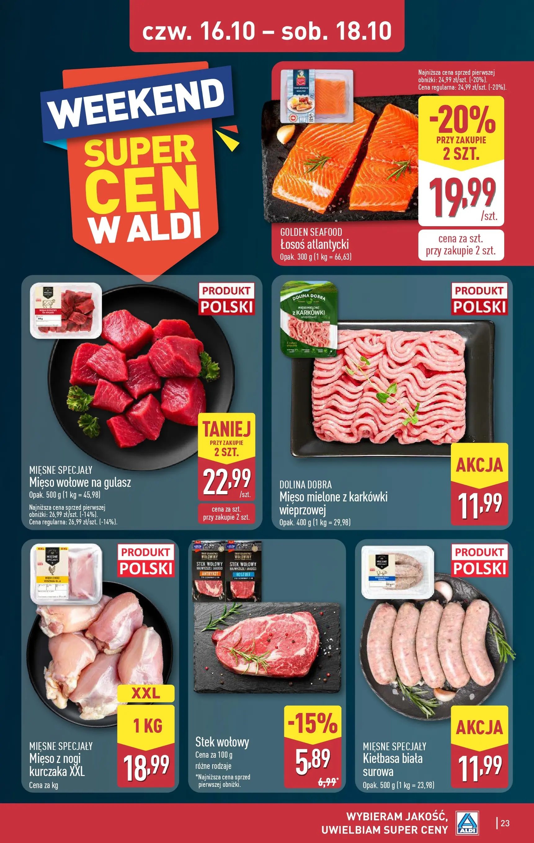 Aldi Gazetka od 13.10.2025 - Ulotka PDF, promocje | Strona: 23 | Produkty: Łosoś atlantycki, Mięso, Mięso mielone, Gulasz