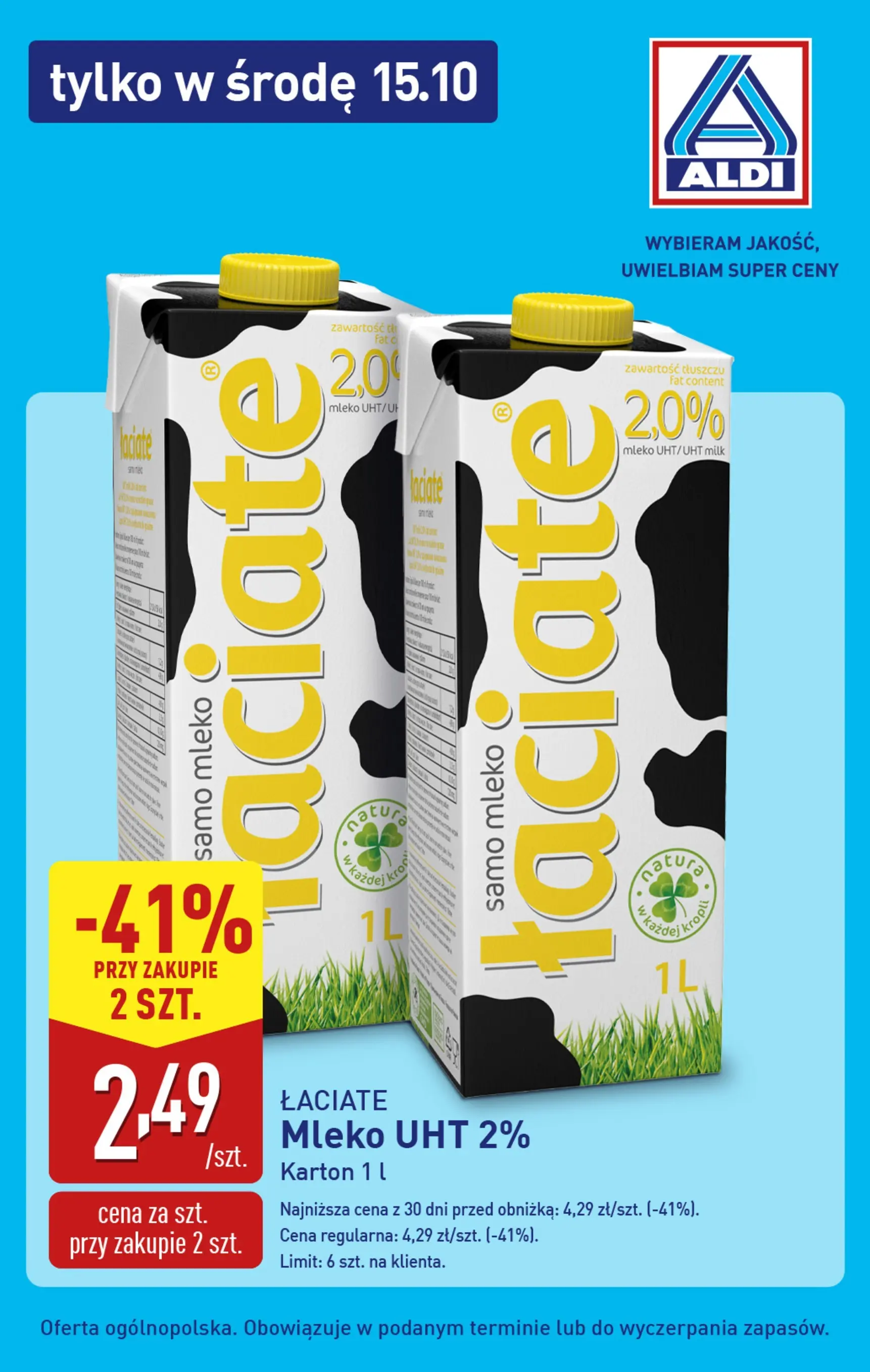 Aldi - Tylko w środę 15.10 w ALDI od 14.10.2025 - Ulotka PDF, promocje | Strona: 1 | Produkty: Mleko