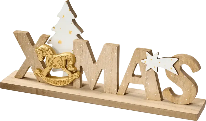 BOLTZE Holzschriftzug "XMAS" mit Baum & Schaukelpferd, natur-gold-silber