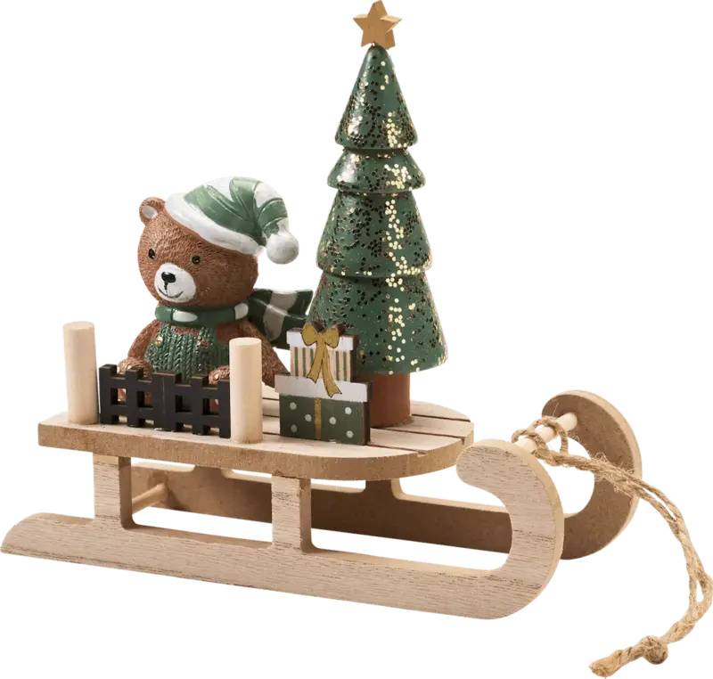 BOLTZE Holzschlitten mit Teddy & Baum, natur-grün