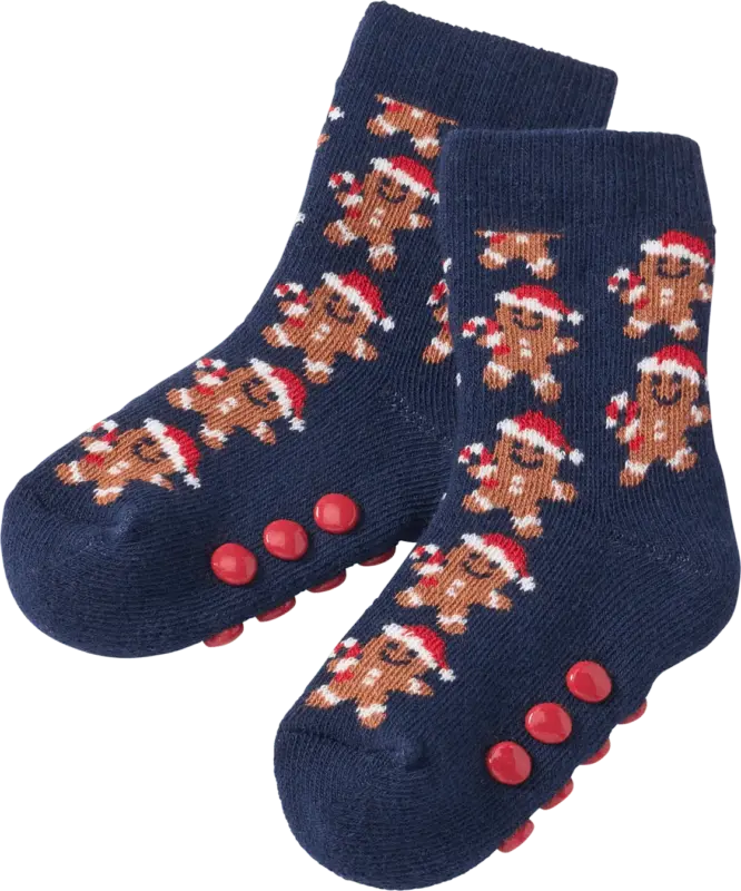 PUSBLU ABS Socken mit Lebkuchen-Muster, blau & rot, Gr. 19/22