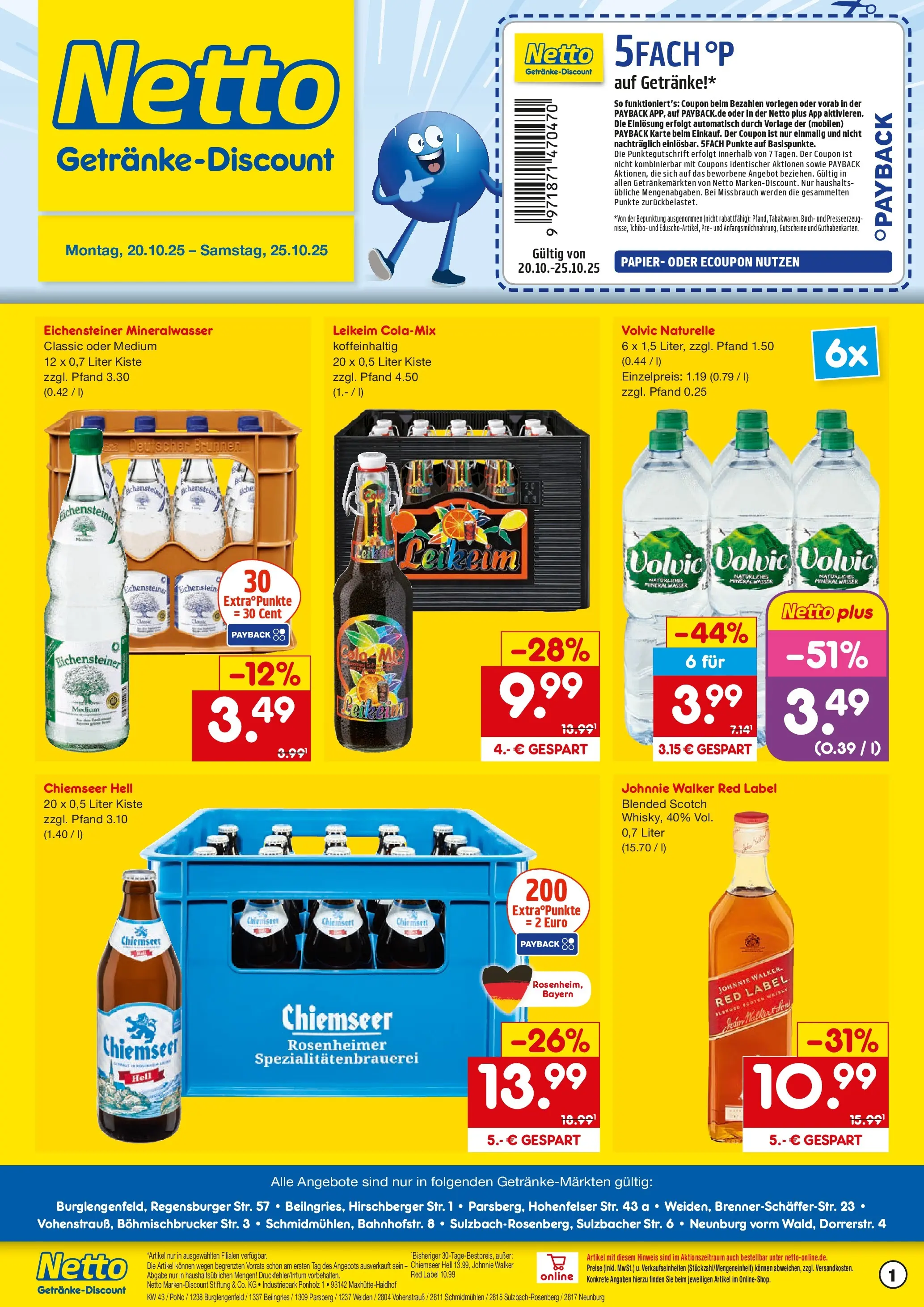Netto Marken-Discount prospekt Parsberg	 (ab 19.10.2025) » Angebote | Seite: 1 | Produkte: Mineralwasser, Wasser, Volvic, Johnnie walker