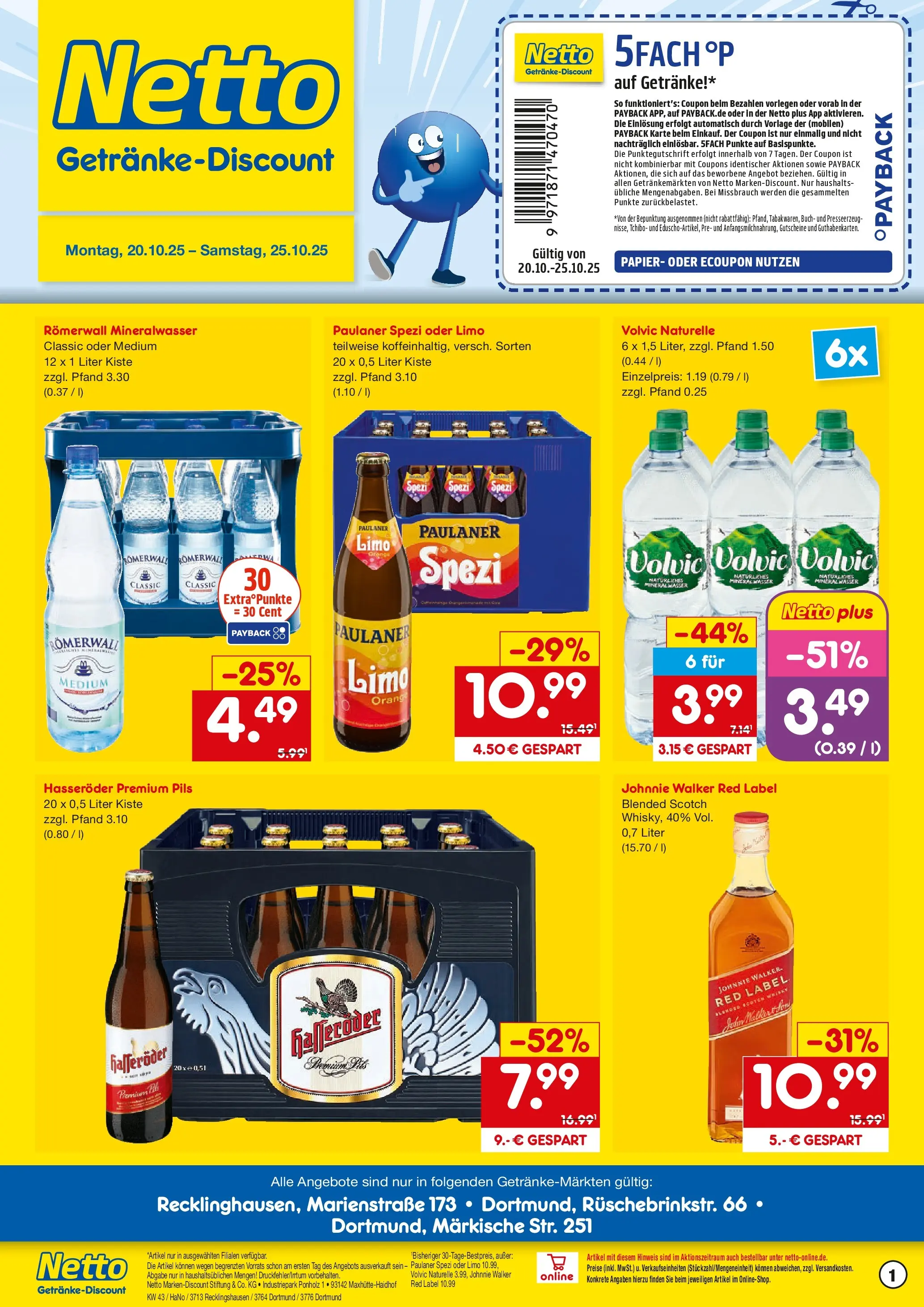 Netto Marken-Discount prospekt Recklinghausen	 (ab 19.10.2025) » Angebote | Seite: 1 | Produkte: Paulaner spezi, Mineralwasser, Paulaner, Johnnie walker