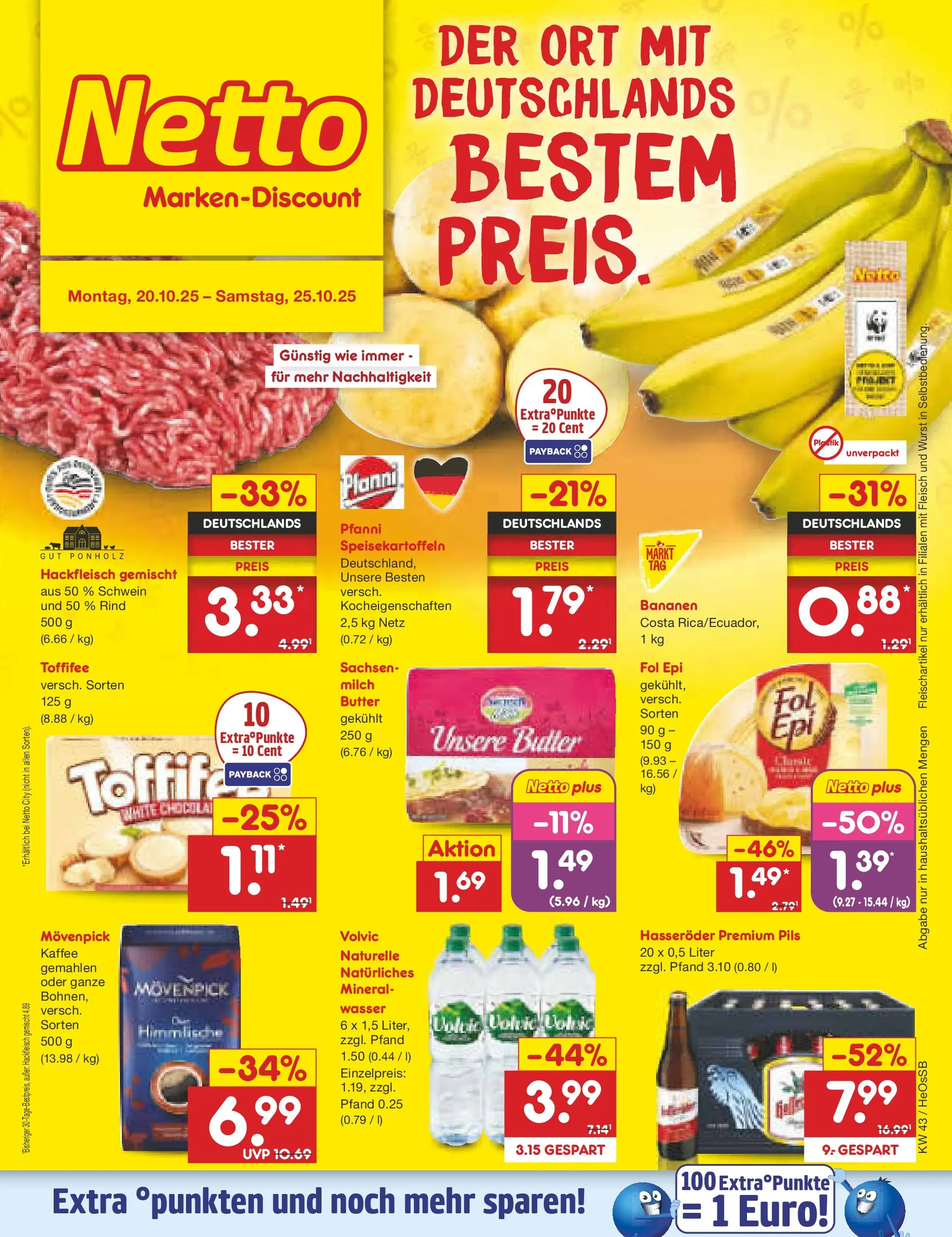 Netto Marken-Discount prospekt Kröpelin	 (ab 19.10.2025) » Angebote | Seite: 1 | Produkte: Milch, Bananen, Hasseröder, Volvic