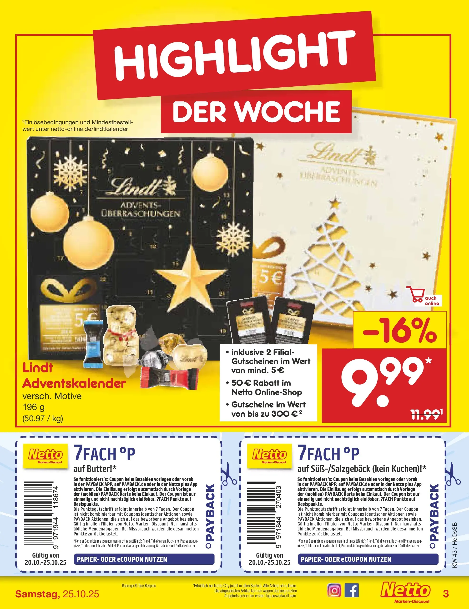 Netto Marken-Discount prospekt Kröpelin	 (ab 19.10.2025) » Angebote | Seite: 3 | Produkte: Butter, Lindt, Kuchen