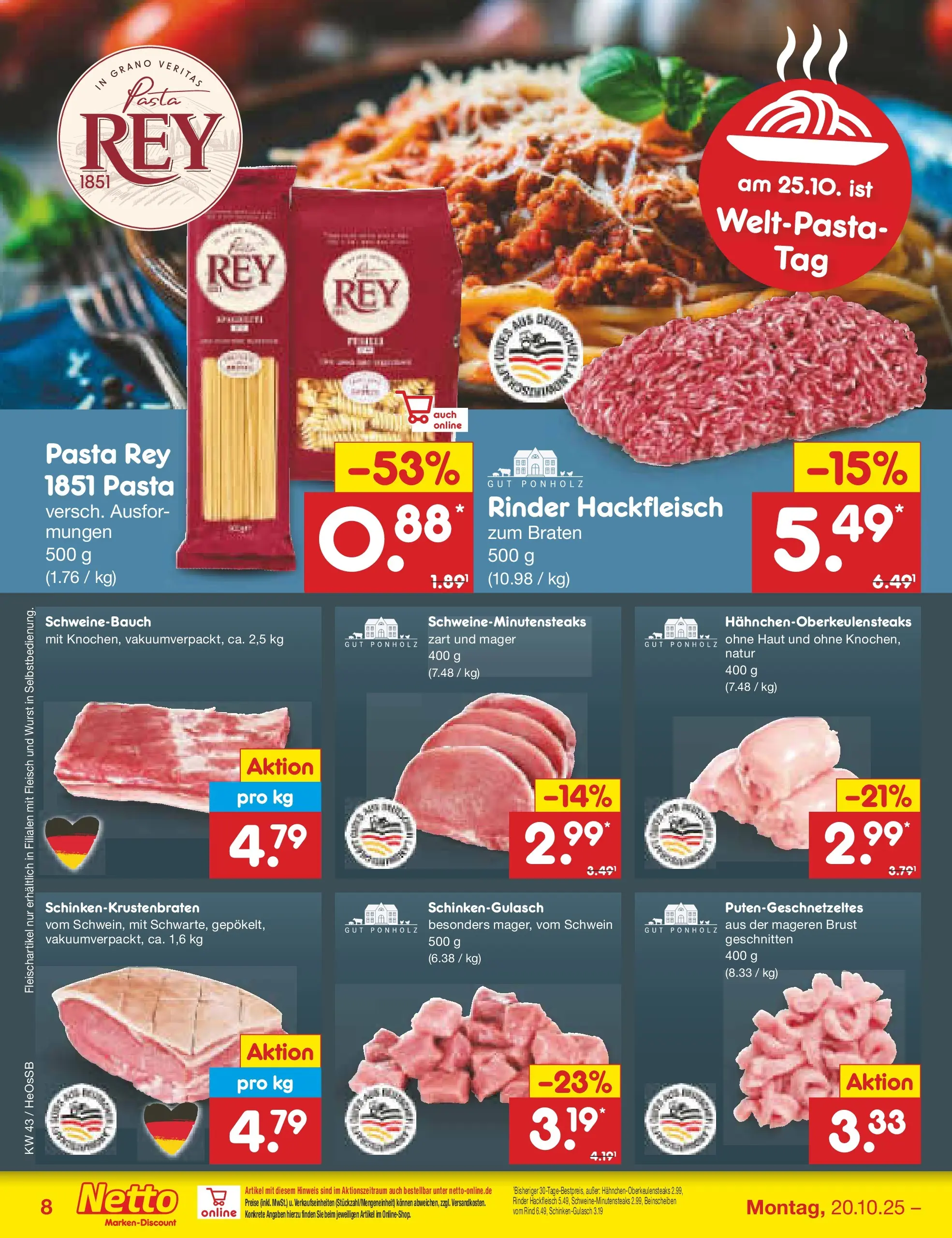 Netto Marken-Discount prospekt Kröpelin	 (ab 19.10.2025) » Angebote | Seite: 8 | Produkte: Schweinebauch, Wurst, Pasta, Fleisch