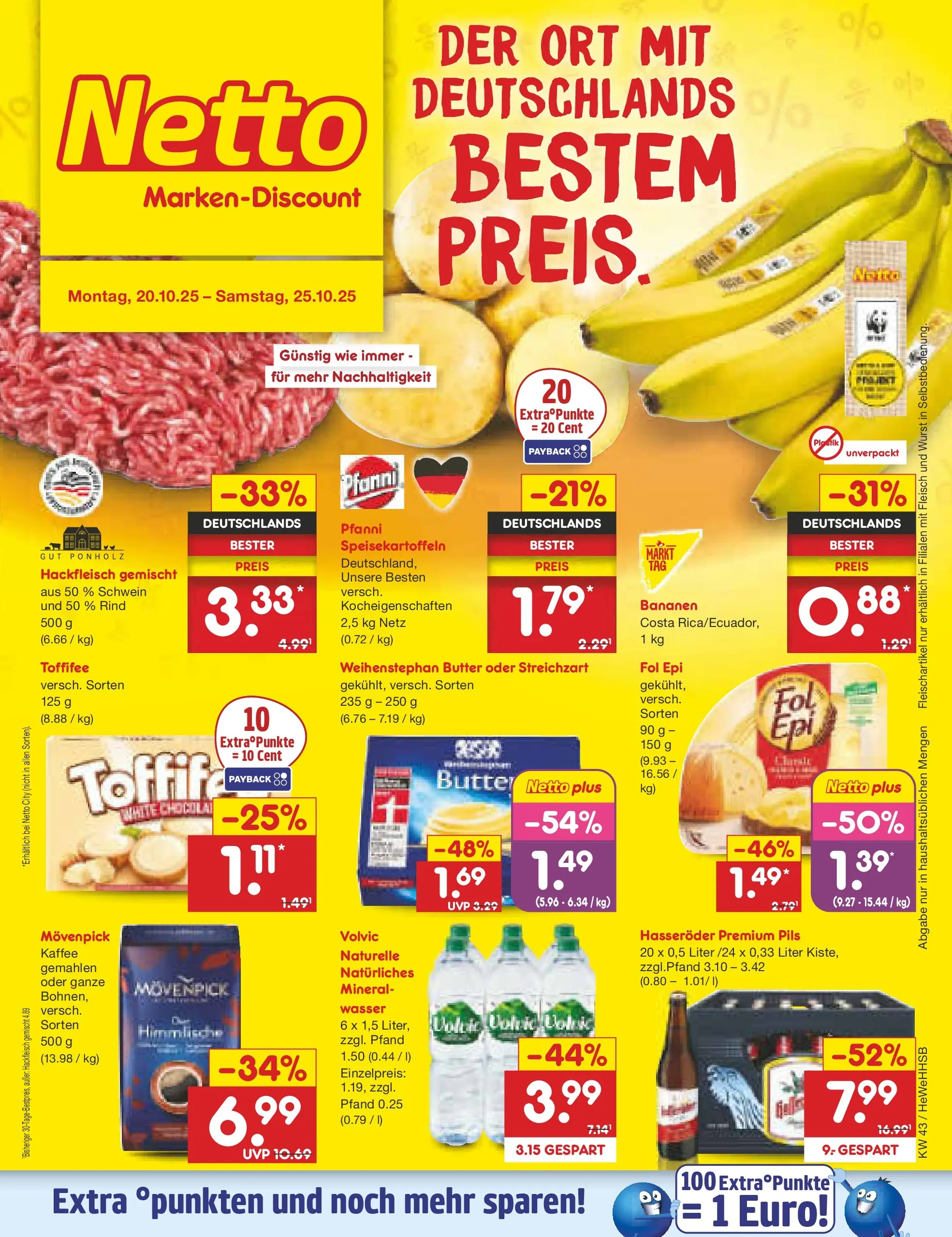Netto Marken-Discount prospekt Brietlingen	 (ab 19.10.2025) » Angebote | Seite: 1 | Produkte: Butter, Wurst, Hasseröder, Hackfleisch