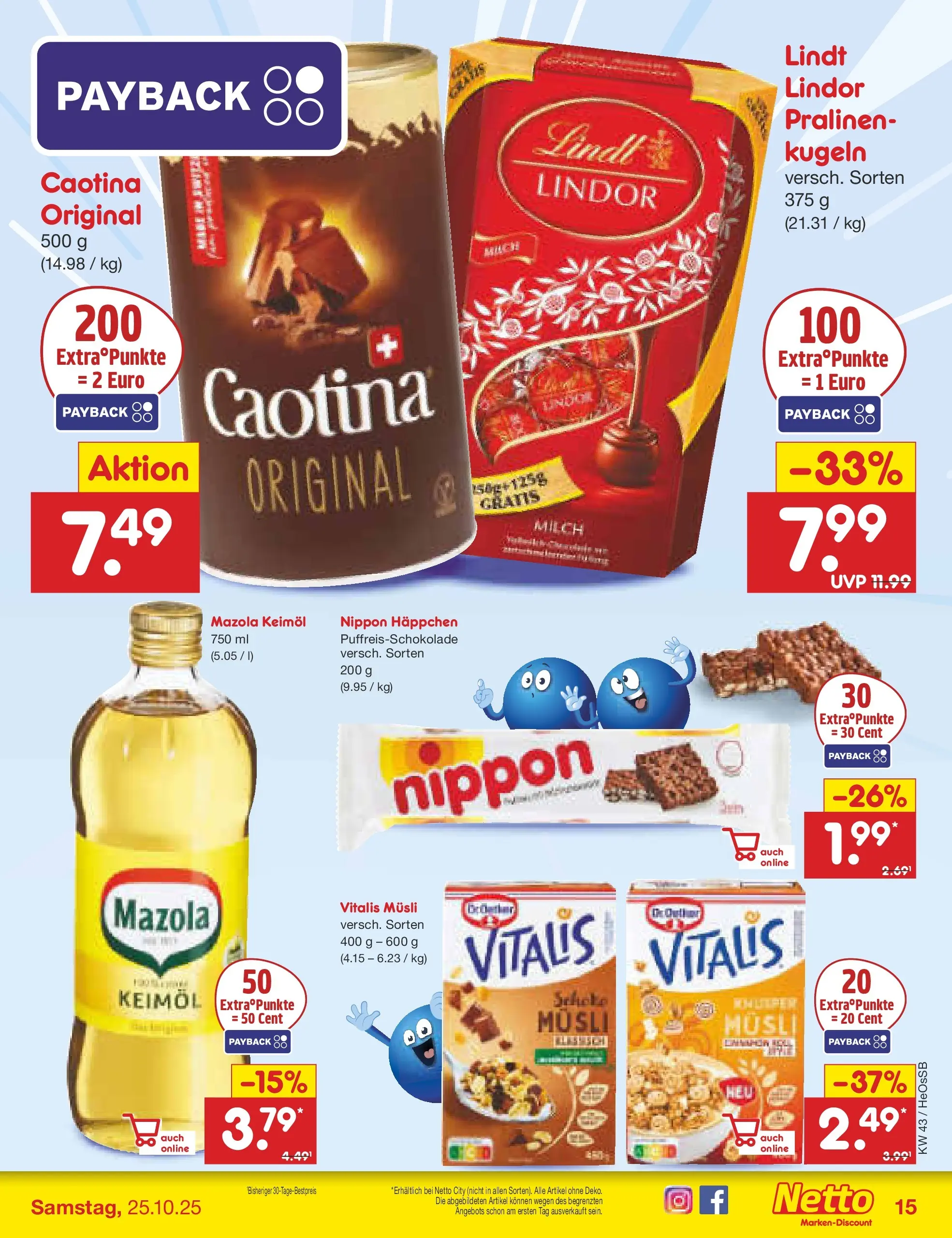 Netto Marken-Discount prospekt Kröpelin	 (ab 19.10.2025) » Angebote | Seite: 15 | Produkte: Musli, Milch, Lindt