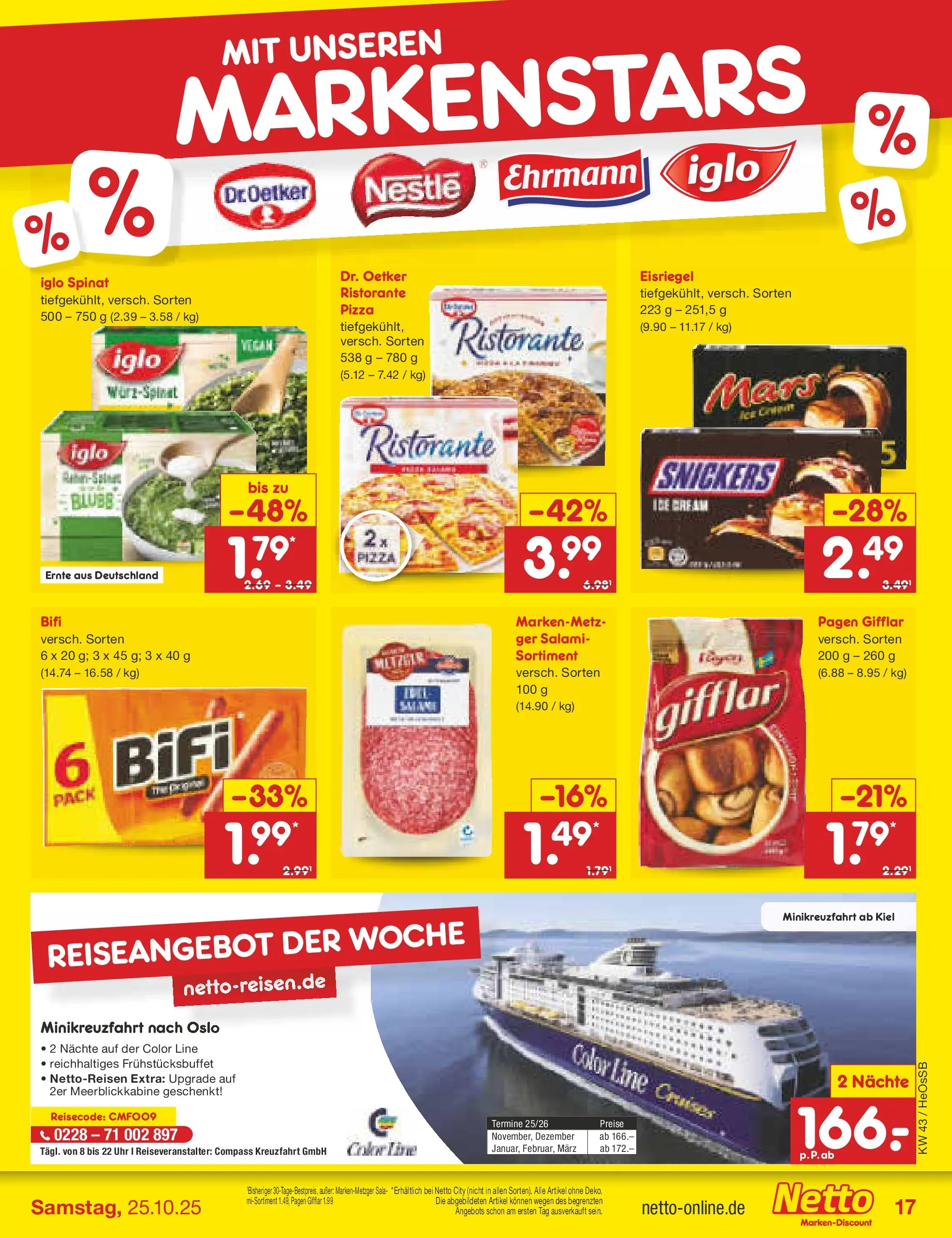 Netto Marken-Discount prospekt Kröpelin	 (ab 19.10.2025) » Angebote | Seite: 17 | Produkte: Iglo, Snickers, Mars, Salami