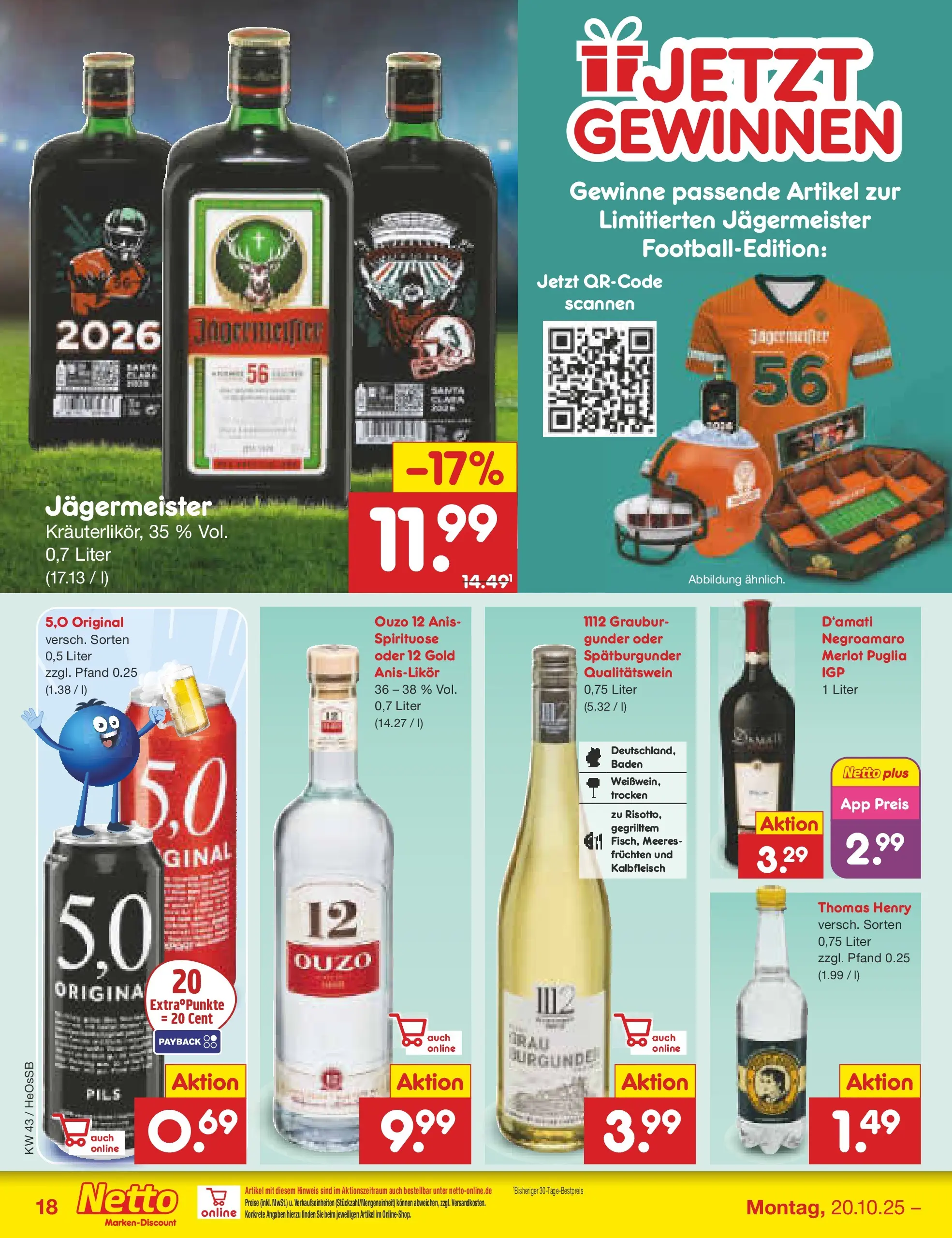 Netto Marken-Discount prospekt Kröpelin	 (ab 19.10.2025) » Angebote | Seite: 18 | Produkte: Ouzo 12, Ouzo, Pils, Jägermeister