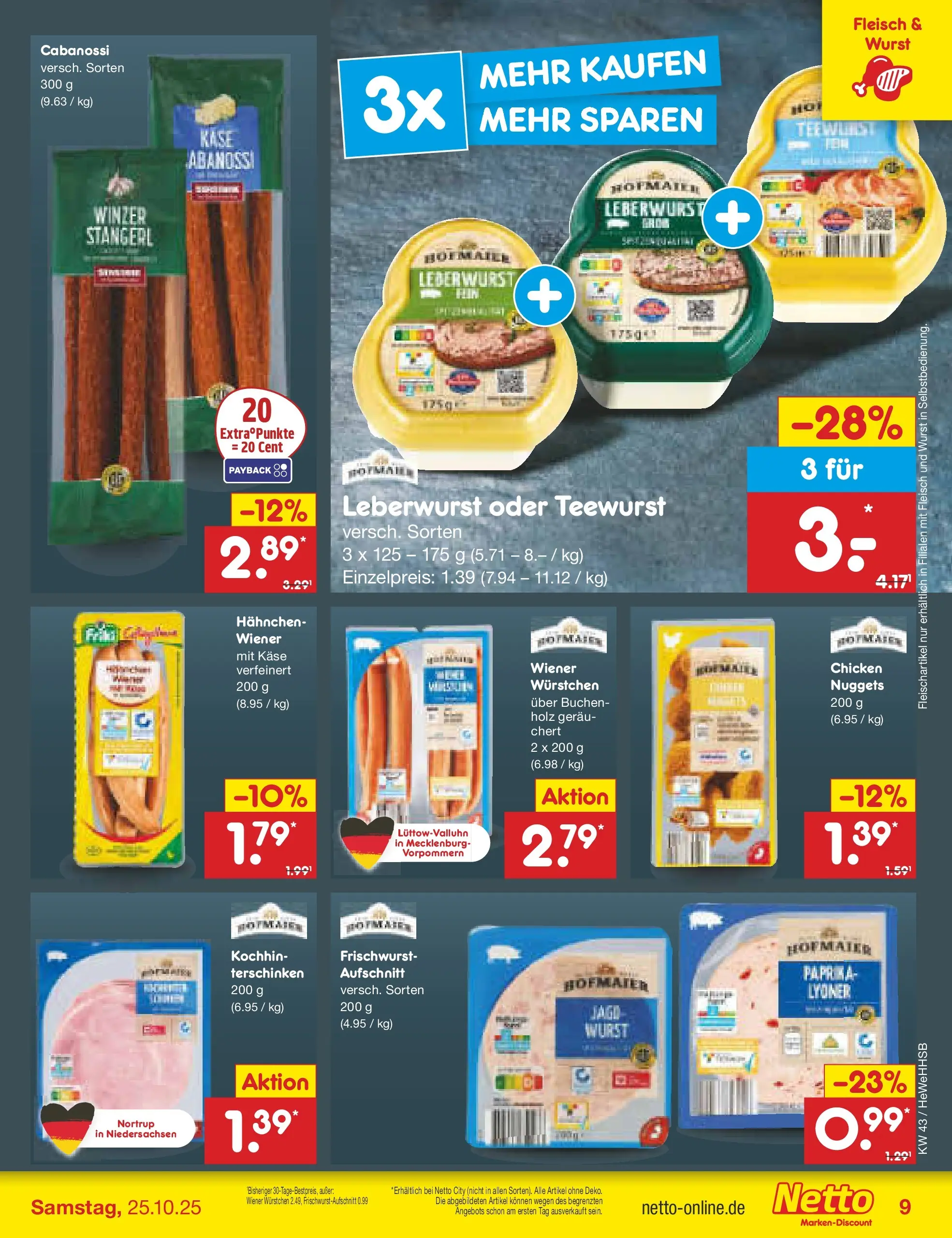 Netto Marken-Discount prospekt Brietlingen	 (ab 19.10.2025) » Angebote | Seite: 9 | Produkte: Hahnchen, Paprika, Wurst, Fleisch