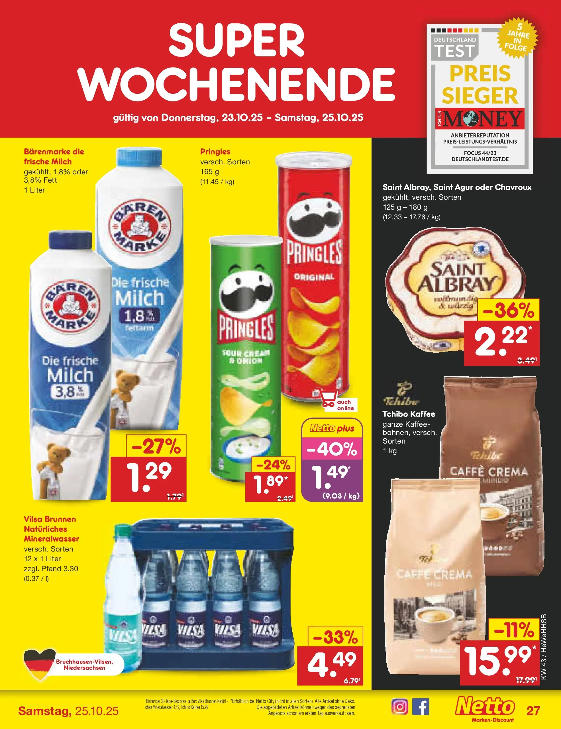 Netto Marken-Discount prospekt Brietlingen	 (ab 19.10.2025) » Angebote | Seite: 31 | Produkte: Milch, Kaffee, Mineralwasser, Pringles