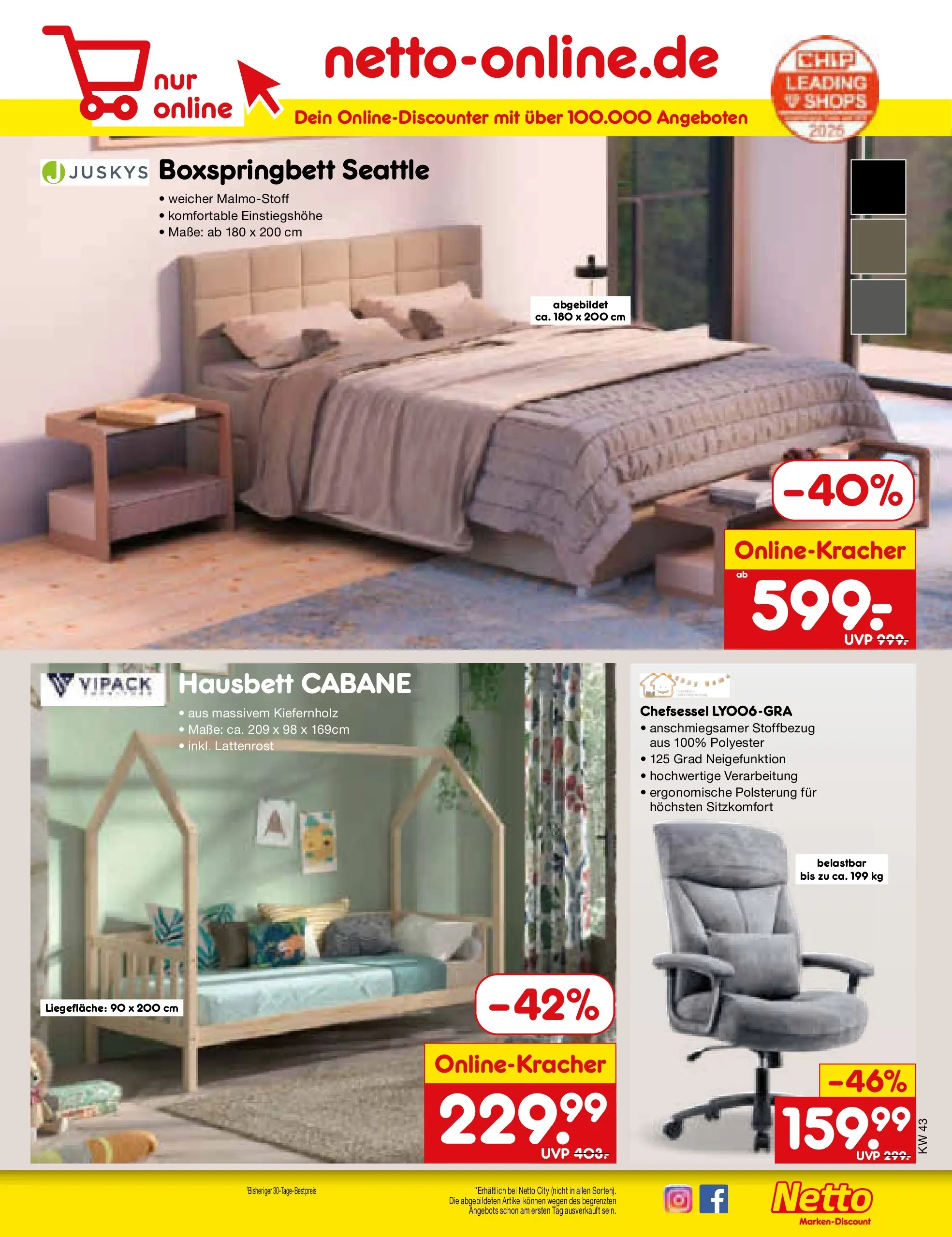 Netto Marken-Discount prospekt Glauchau (ab 19.10.2025) » Angebote | Seite: 61 | Produkte: Lattenrost, Boxspringbett, Chefsessel Netto Marken-Discount prospekt Glauchau (ab 19.10.2025) » Angebote | Seite: 61 | Produkte: Lattenrost, Boxspringbett, Chefsessel