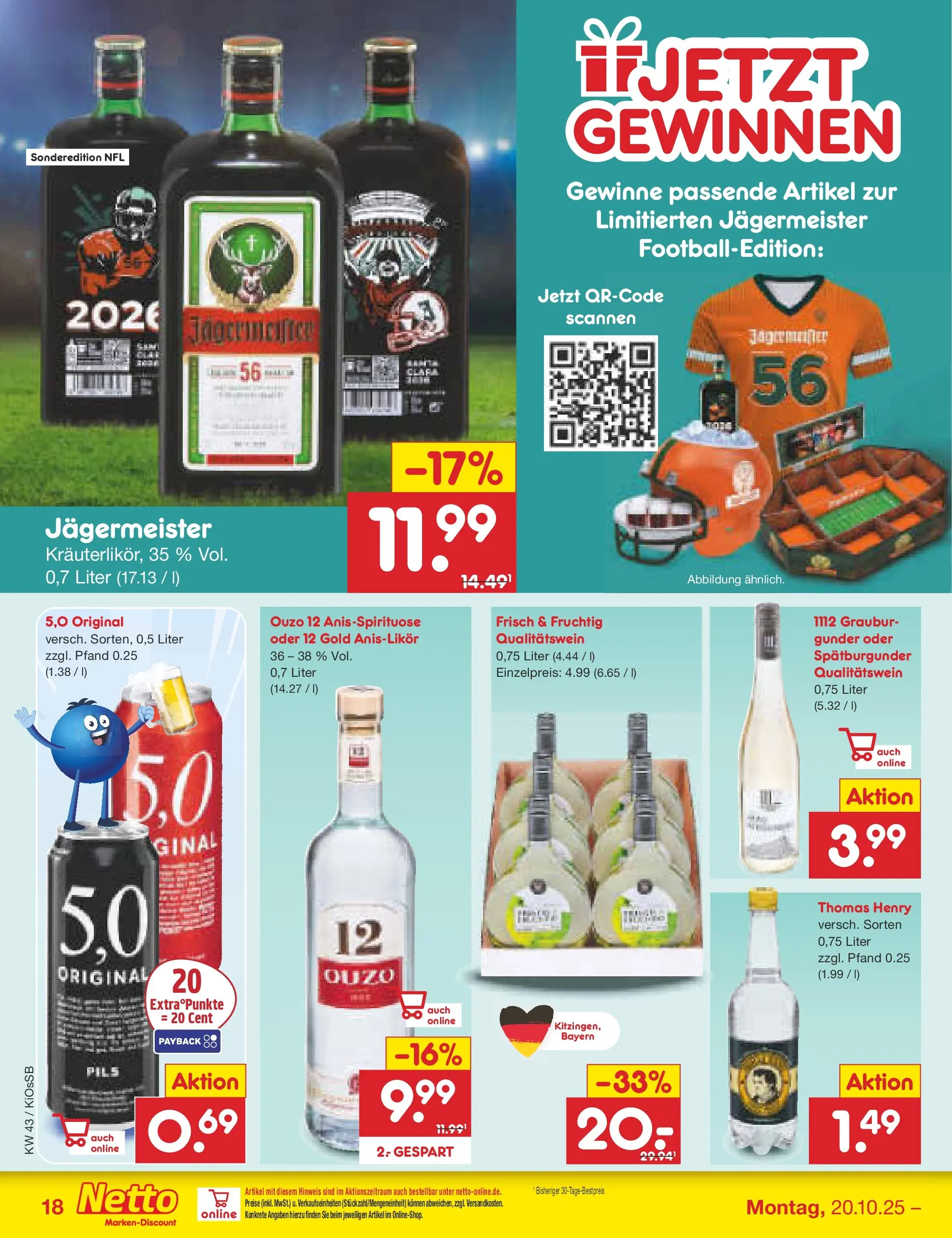 Netto Marken-Discount prospekt Oberhaid	 (ab 19.10.2025) » Angebote | Seite: 18 | Produkte: Ouzo 12, Ouzo, Pils, Jägermeister