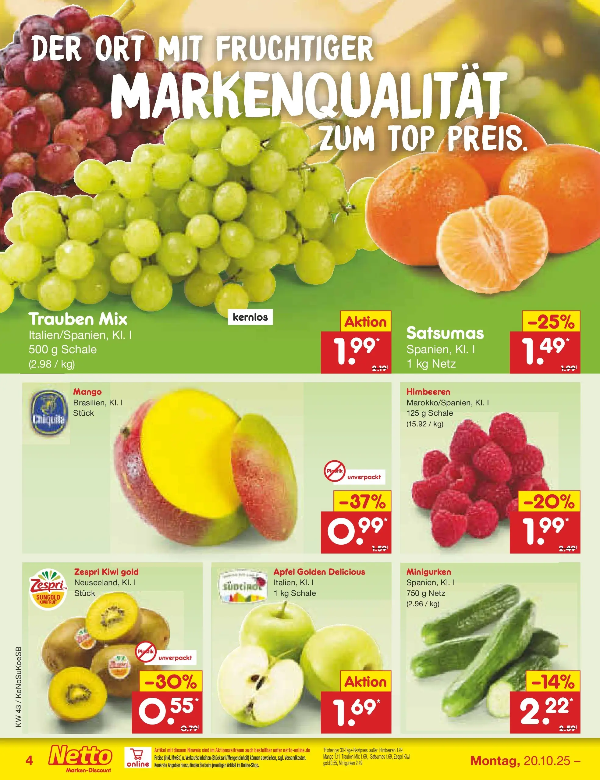 Netto Marken-Discount prospekt Kruft	 (ab 19.10.2025) » Angebote | Seite: 4 | Produkte: Top, Himbeeren, Äpfel, Mango