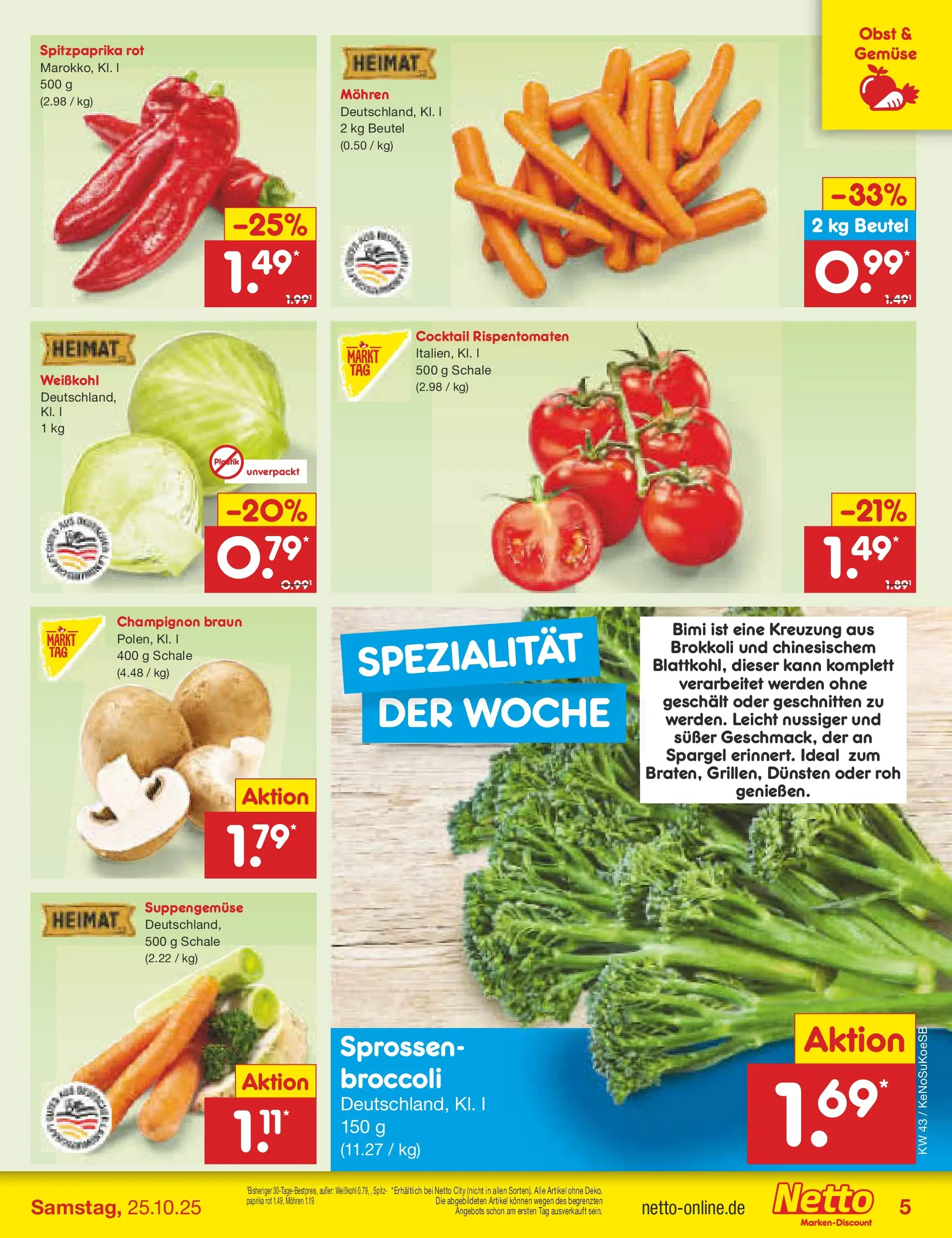 Netto Marken-Discount prospekt Kruft	 (ab 19.10.2025) » Angebote | Seite: 5 | Produkte: Paprika rot, Mohren, Gemüse, Brokkoli