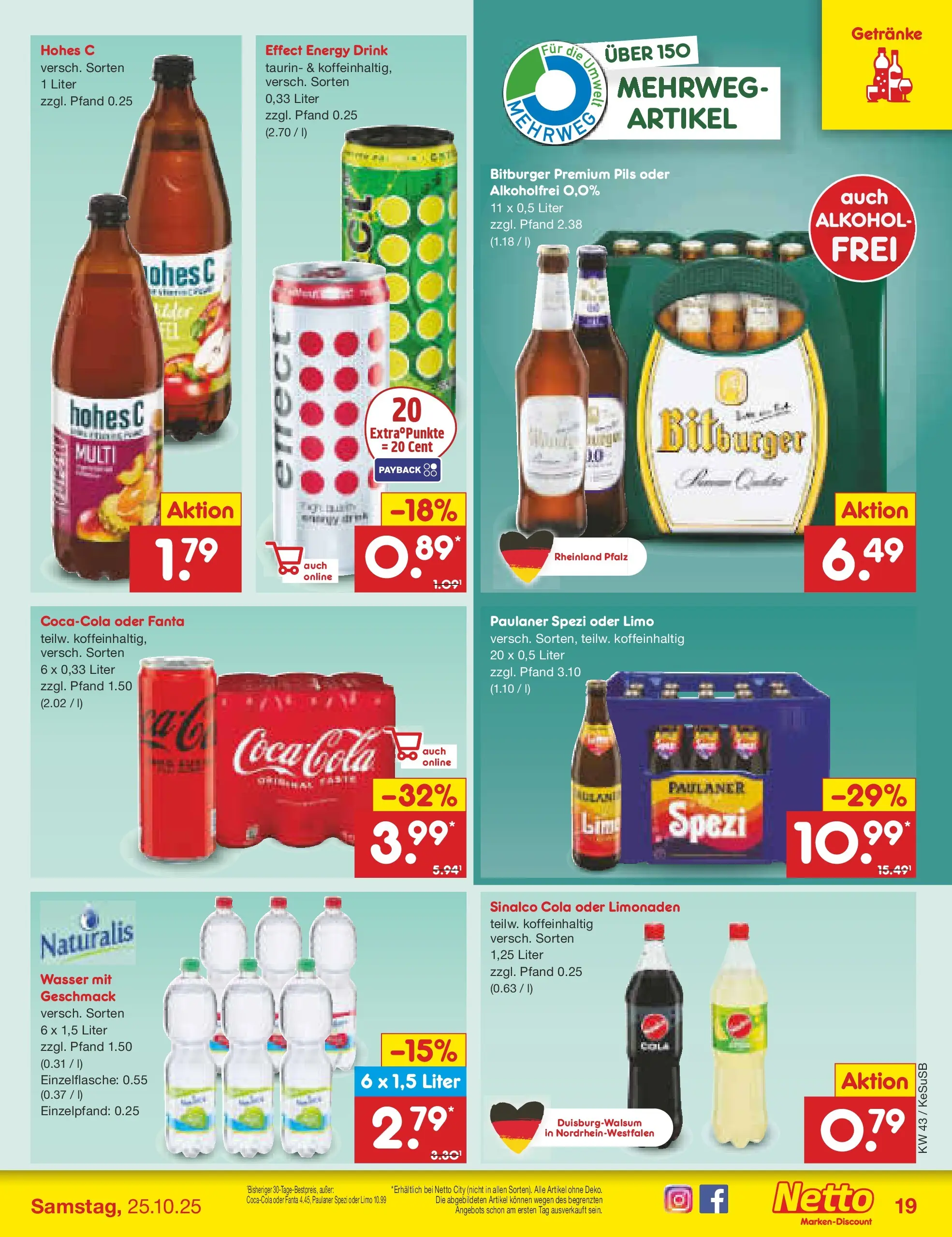 Netto Marken-Discount prospekt Kruft	 (ab 19.10.2025) » Angebote | Seite: 19 | Produkte: Sinalco, Bitburger, Pils, Hohes c