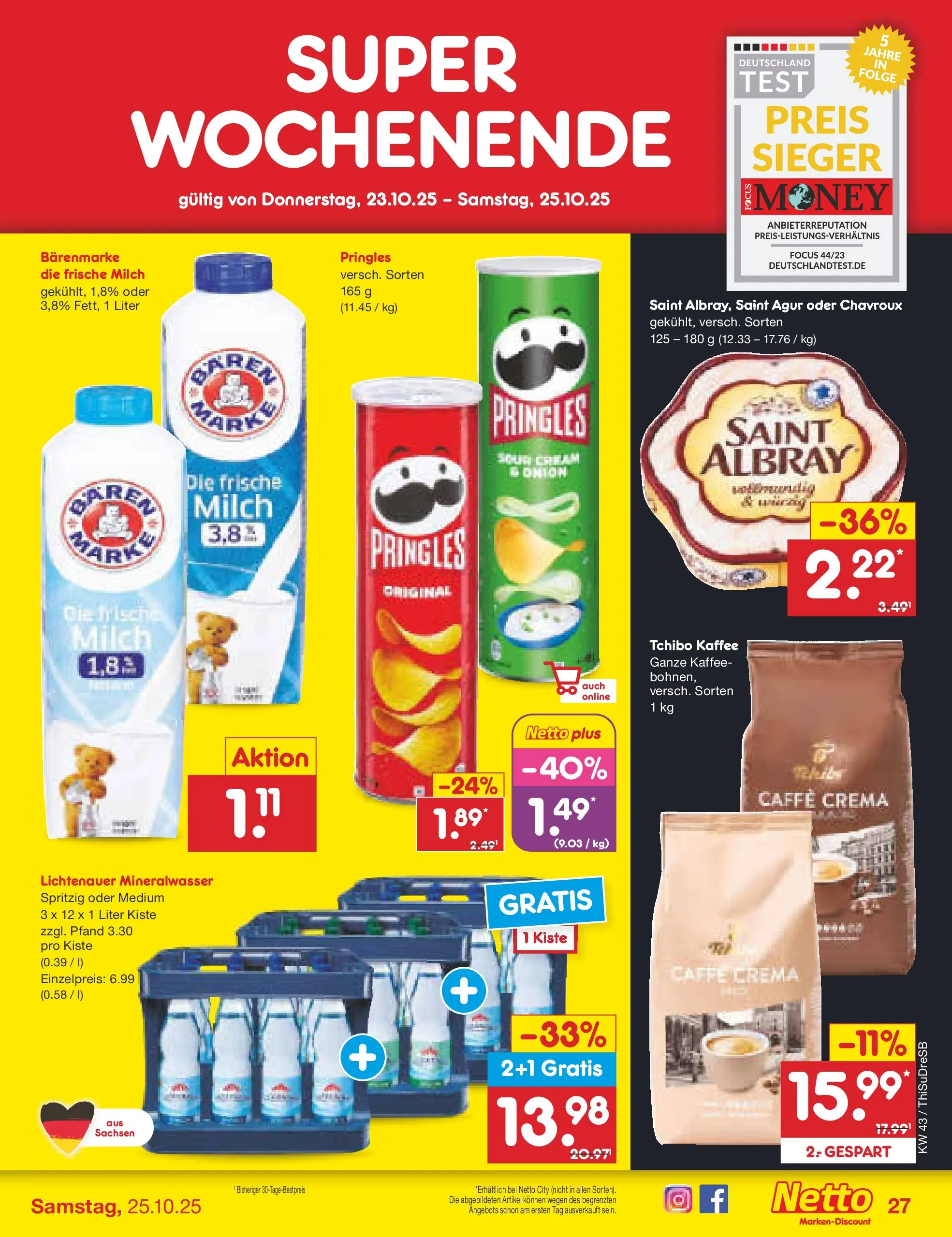 Netto Marken-Discount prospekt Pirna (ab 20.10.2025) » Angebote | Seite: 37 | Produkte: Milch, Kaffee, Mineralwasser, Pringles Netto Marken-Discount prospekt Pirna (ab 20.10.2025) » Angebote | Seite: 37 | Produkte: Milch, Kaffee, Mineralwasser, Pringles