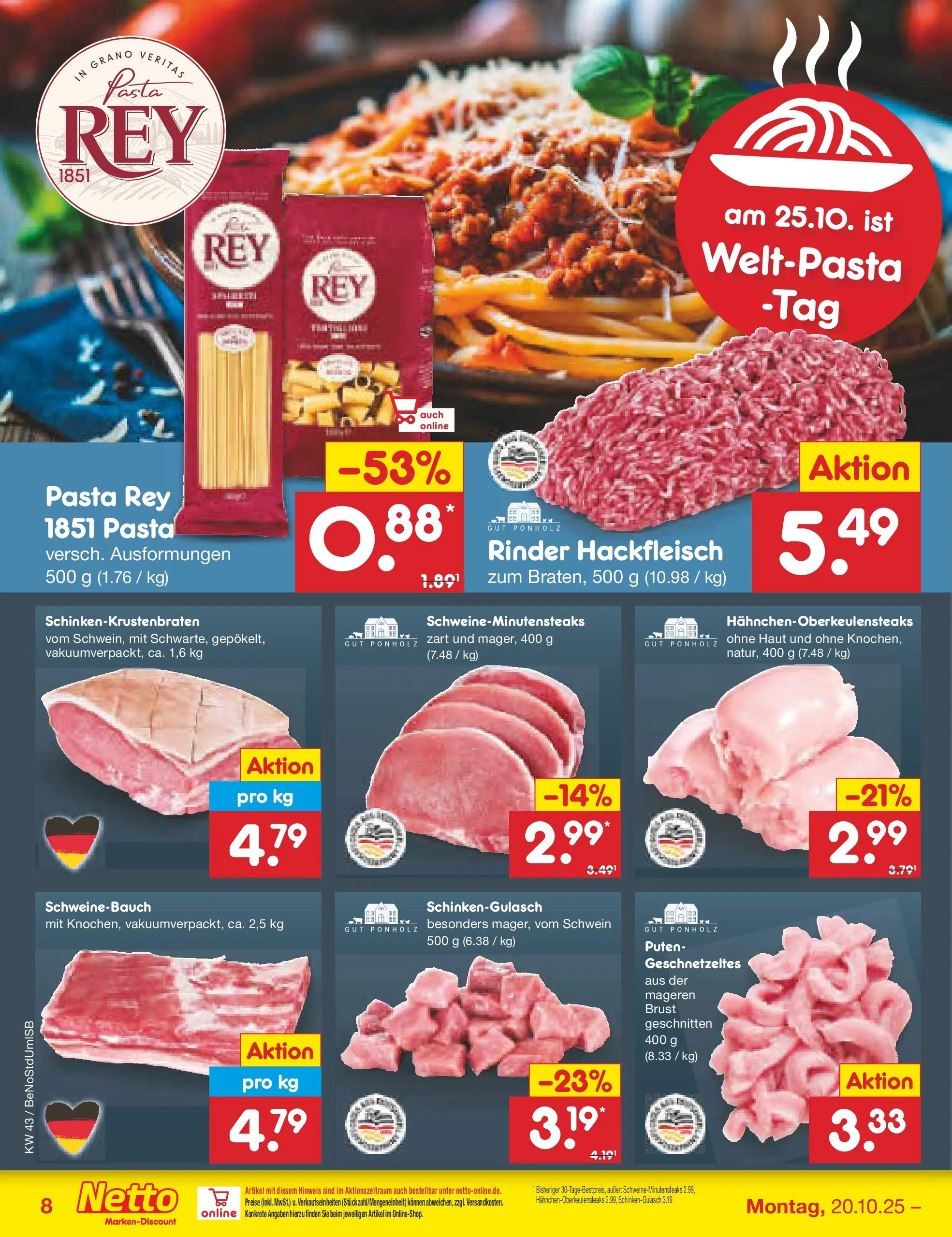 Netto Marken-Discount prospekt Berlin-Spandau (ab 19.10.2025) » Angebote | Seite: 10 | Produkte: Schweinebauch, Pasta, Hackfleisch Netto Marken-Discount prospekt Berlin-Spandau (ab 19.10.2025) » Angebote | Seite: 10 | Produkte: Schweinebauch, Pasta, Hackfleisch