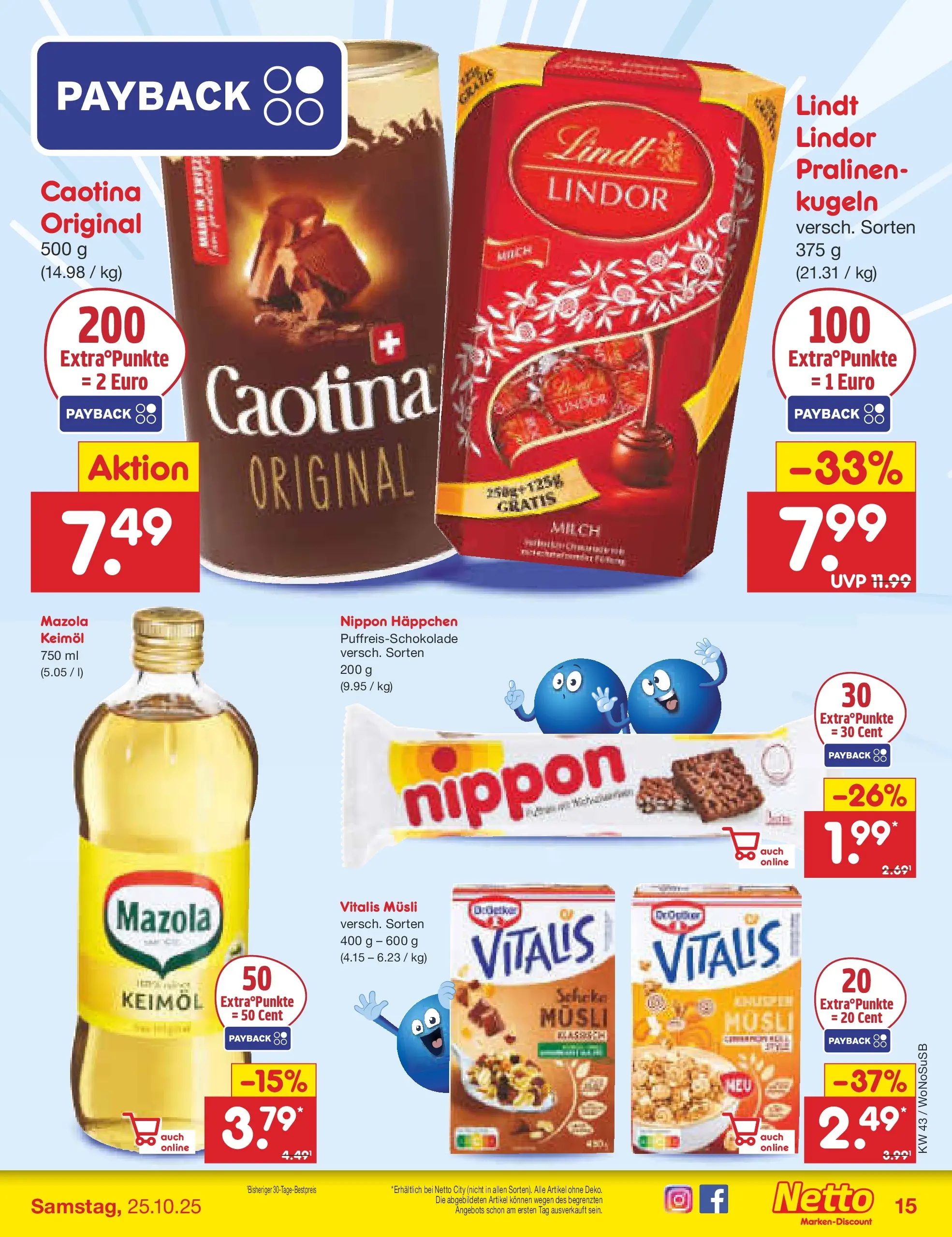Netto Marken-Discount prospekt Frankfurt (ab 19.10.2025) » Angebote | Seite: 15 | Produkte: Musli, Milch, Lindt Netto Marken-Discount prospekt Frankfurt (ab 19.10.2025) » Angebote | Seite: 15 | Produkte: Musli, Milch, Lindt