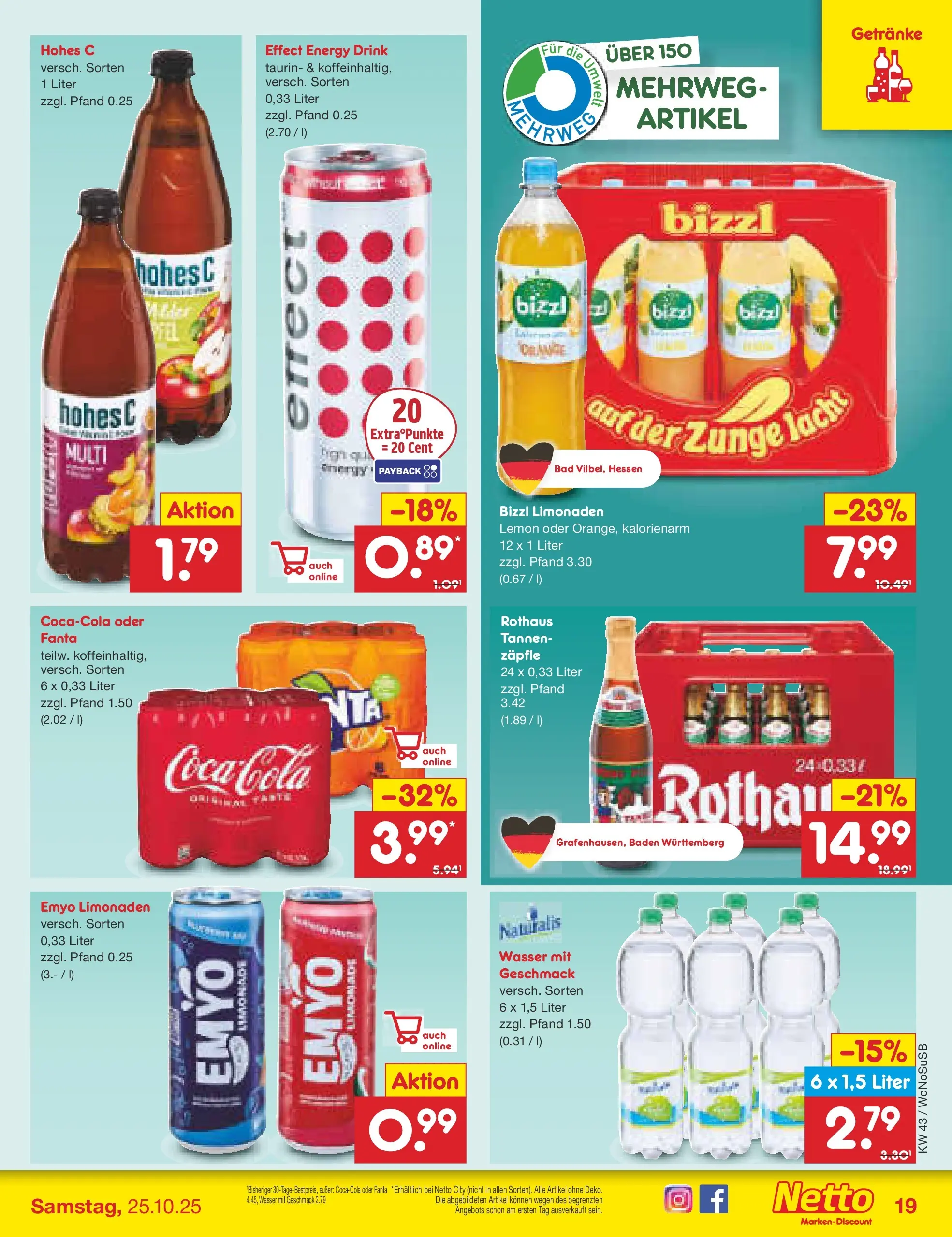 Netto Marken-Discount prospekt Frankfurt (ab 19.10.2025) » Angebote | Seite: 19 | Produkte: Coca cola, Energy, Bad, Wasser Netto Marken-Discount prospekt Frankfurt (ab 19.10.2025) » Angebote | Seite: 19 | Produkte: Coca cola, Energy, Bad, Wasser